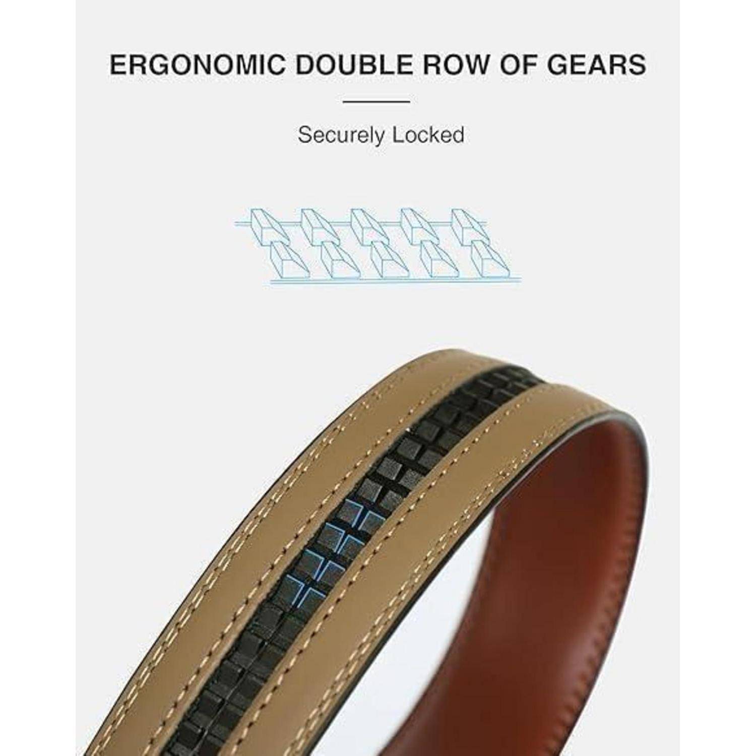 Die ‚ergonomische doppelte Zahnreihe' zeigt einen braunen Gürtel mit dunkel ineinandergreifenden Komponenten, die eine sichere Verriegelung veranschaulichen.