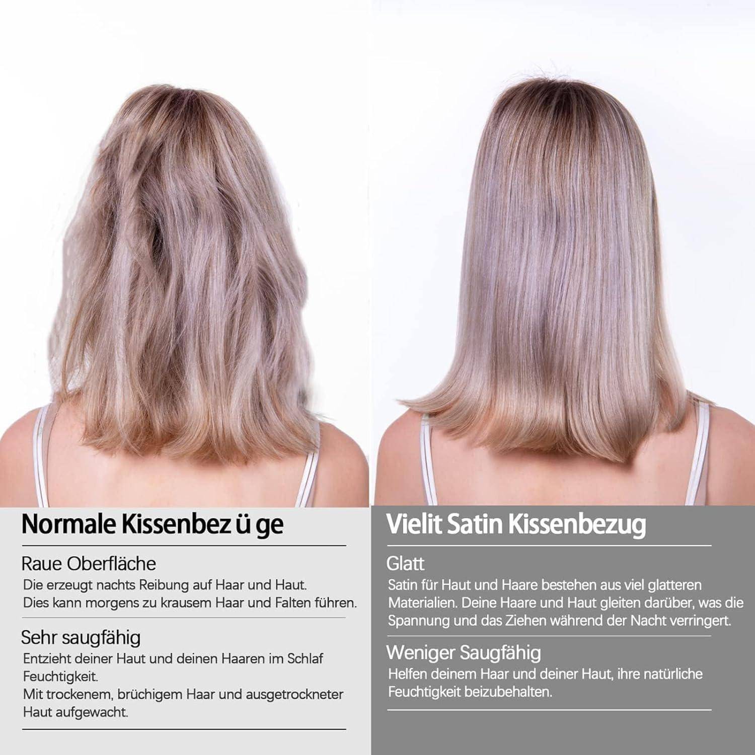 Normale Kissenbezüge' vs. 'Satin Kissenbezug': Vergleich der Auswirkungen auf das Haar. Normale Bezüge verursachen Trockenheit; Satin hält das Haar glatt und weniger gestresst.