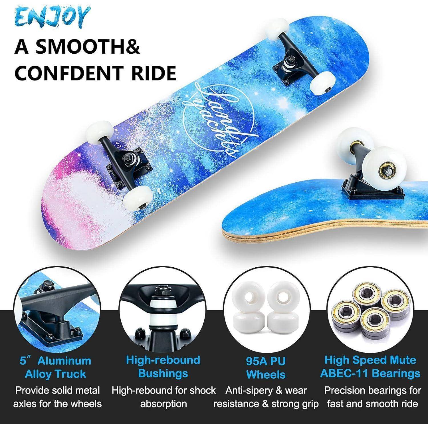 Skateboard 31x8Zoll Ahornholz 8lagig ABEC11 95A Rollen Sky