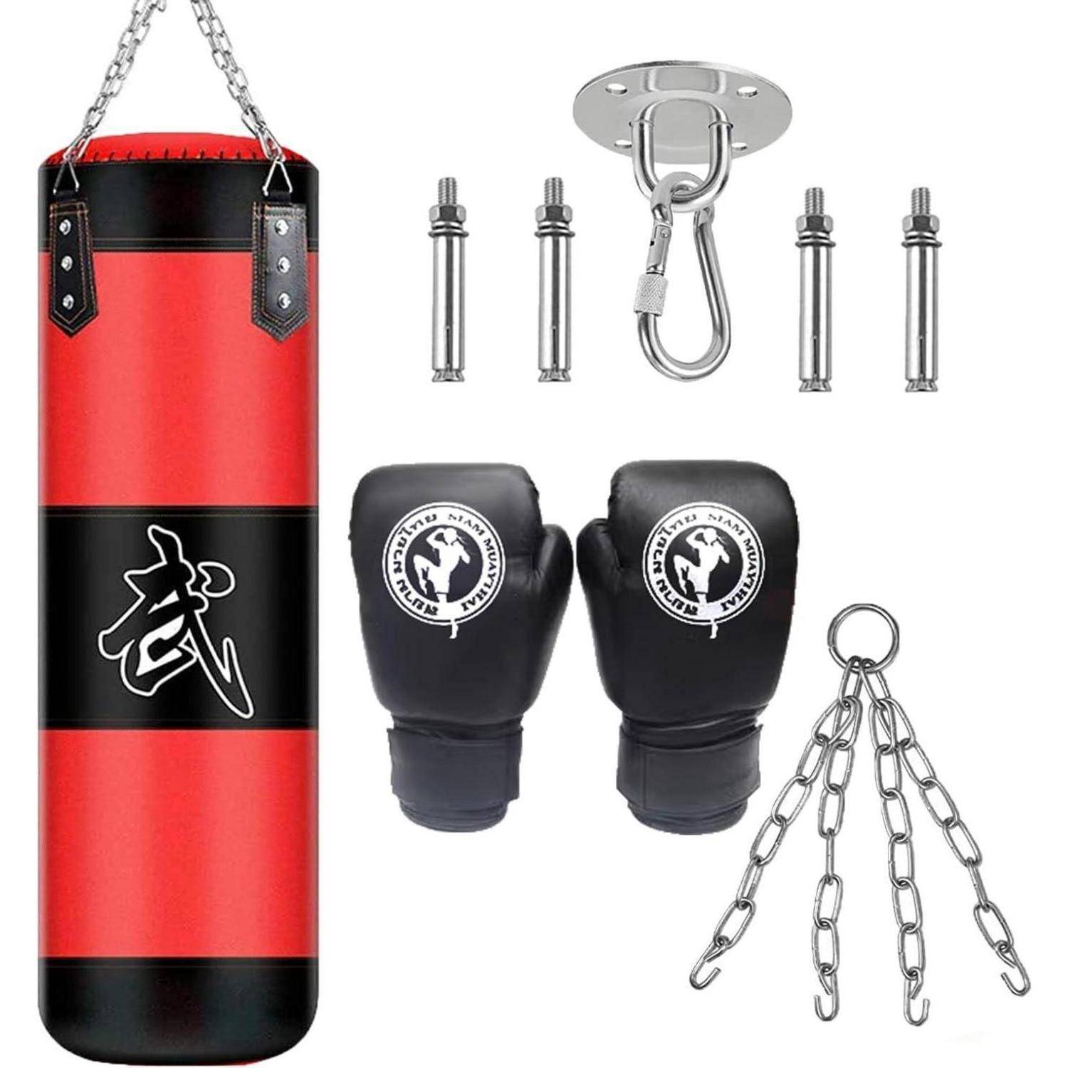 Boxsack hängend MMA Kickbox Stahlkette Rot Schwarz + Boxhandschuhe