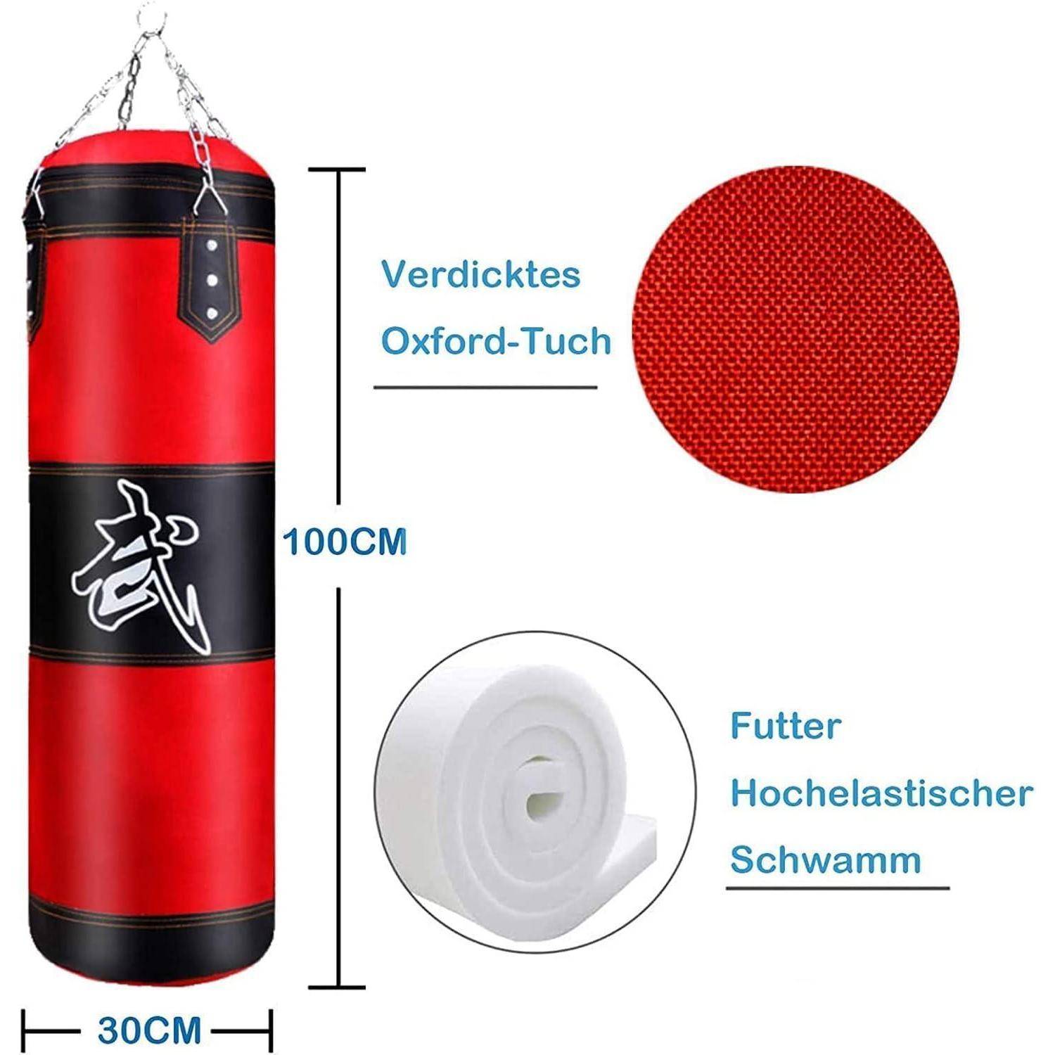 Boxsack hängend MMA Kickbox Stahlkette Rot Schwarz + Boxhandschuhe