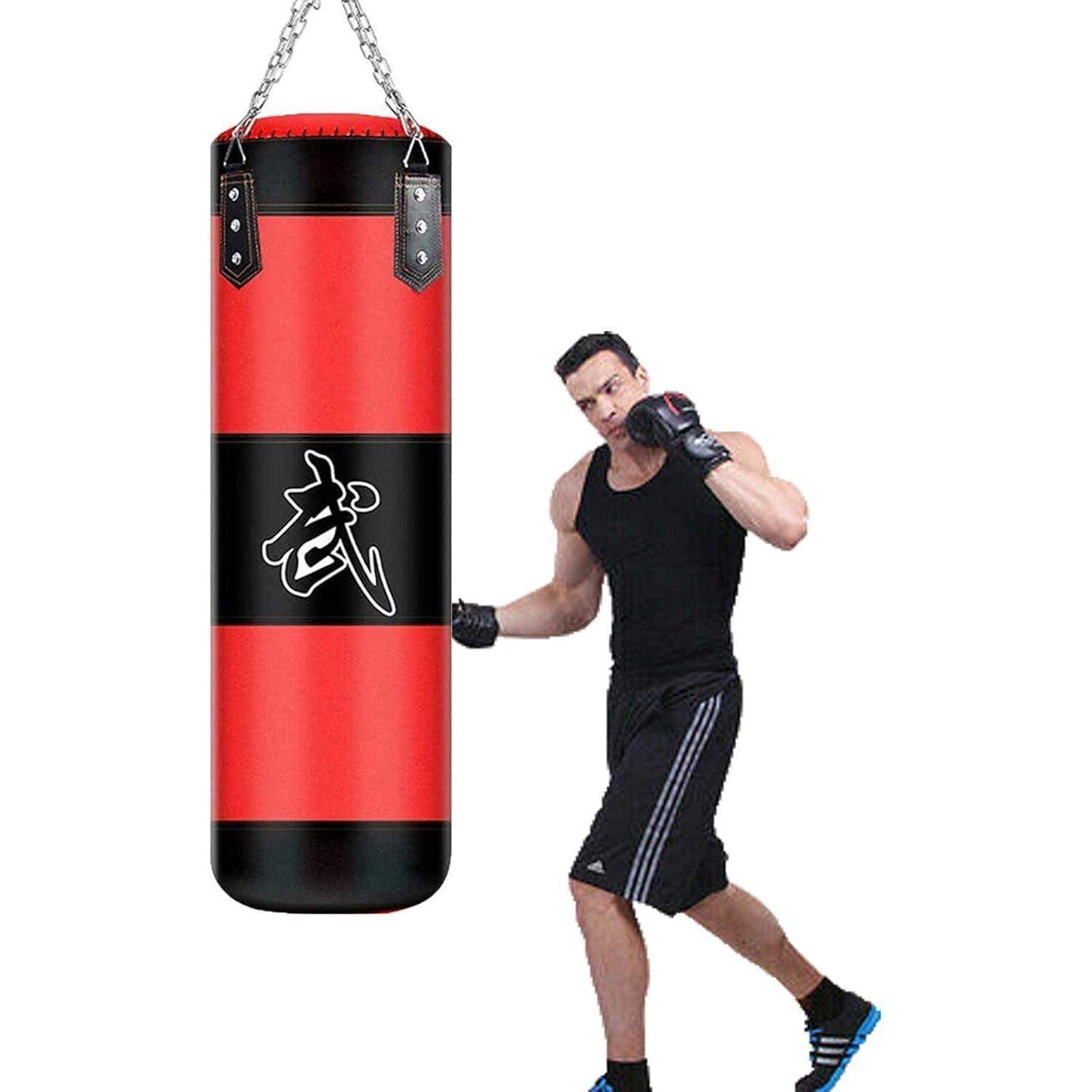 Boxsack hängend MMA Kickbox Stahlkette Rot Schwarz + Boxhandschuhe