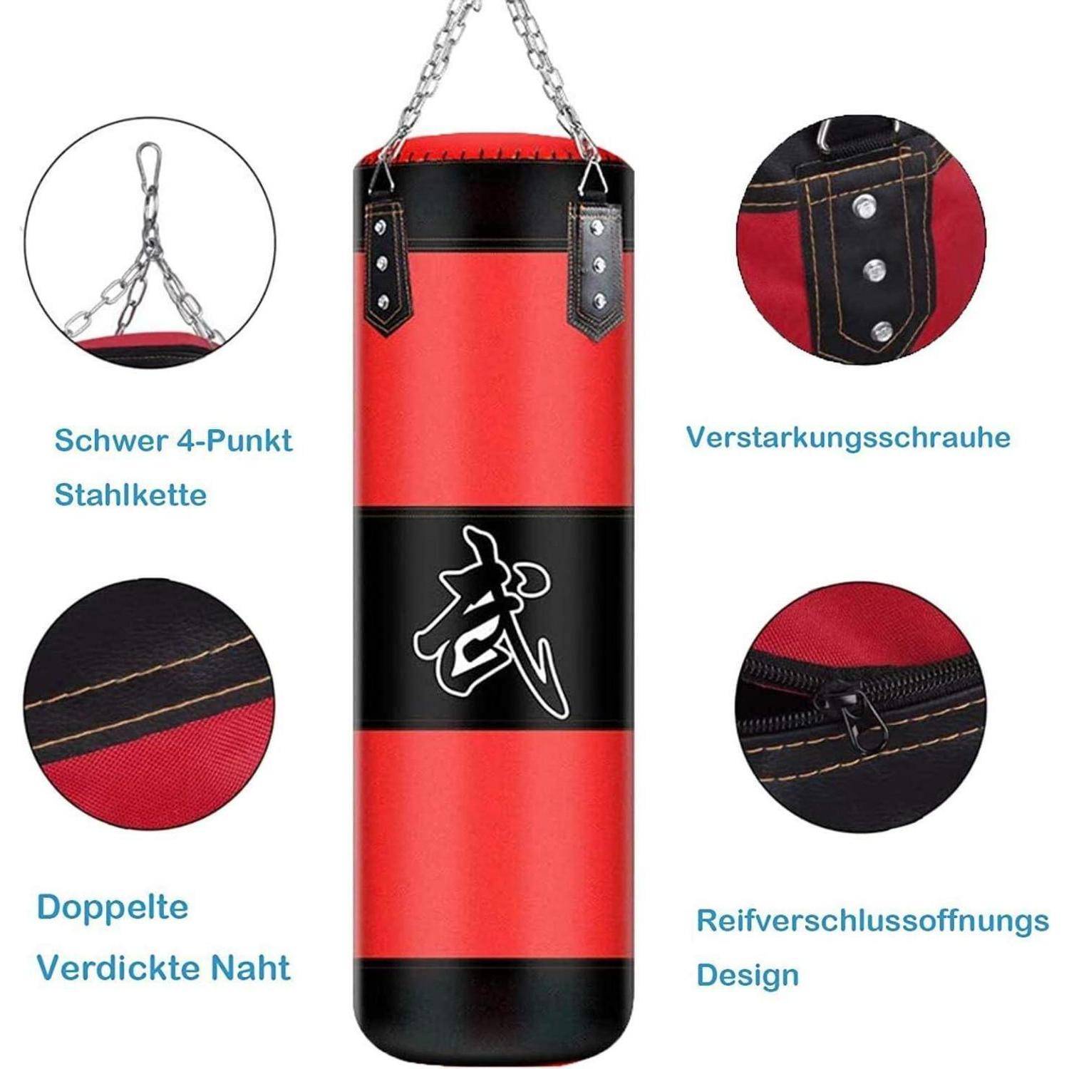 Boxsack hängend MMA Kickbox Stahlkette Rot Schwarz + Boxhandschuhe
