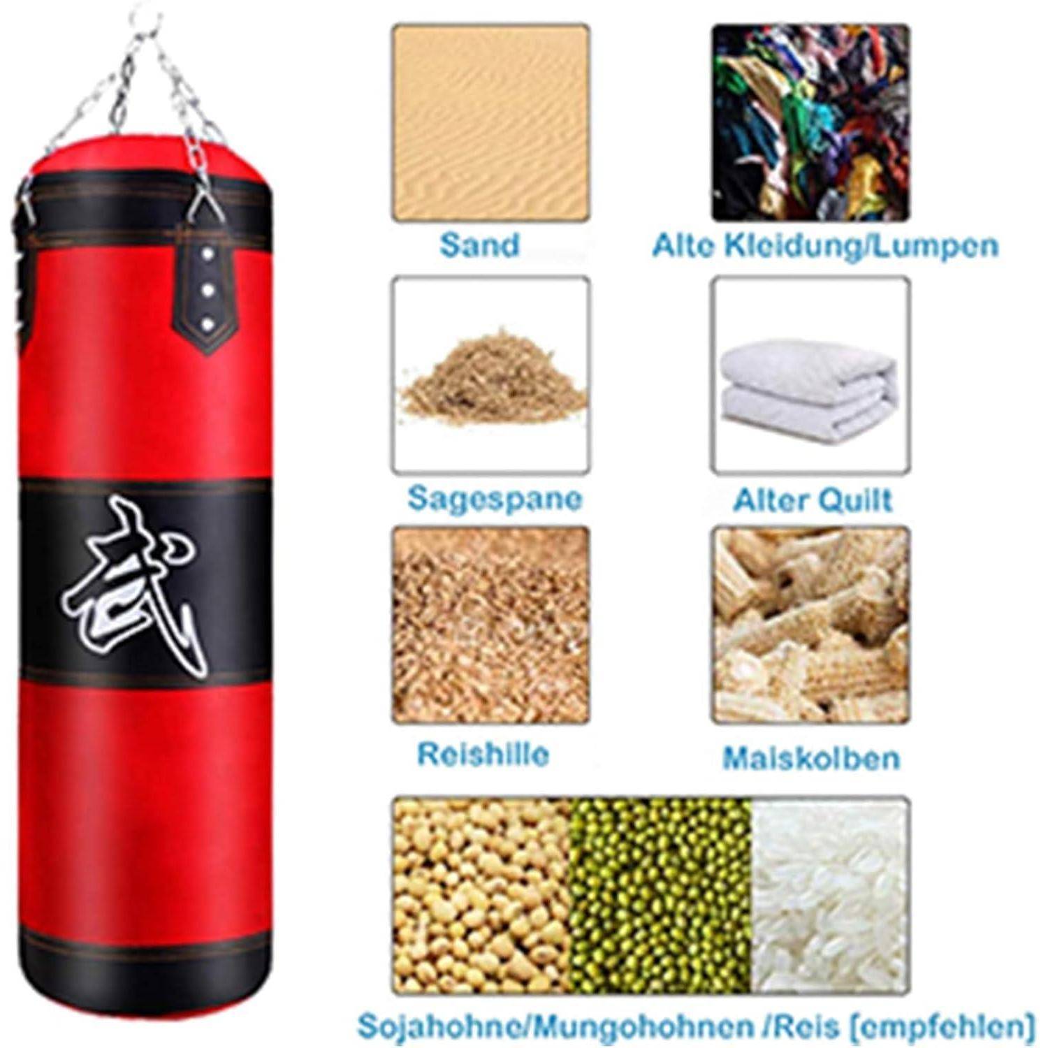 Boxsack hängend MMA Kickbox Stahlkette Rot Schwarz + Boxhandschuhe