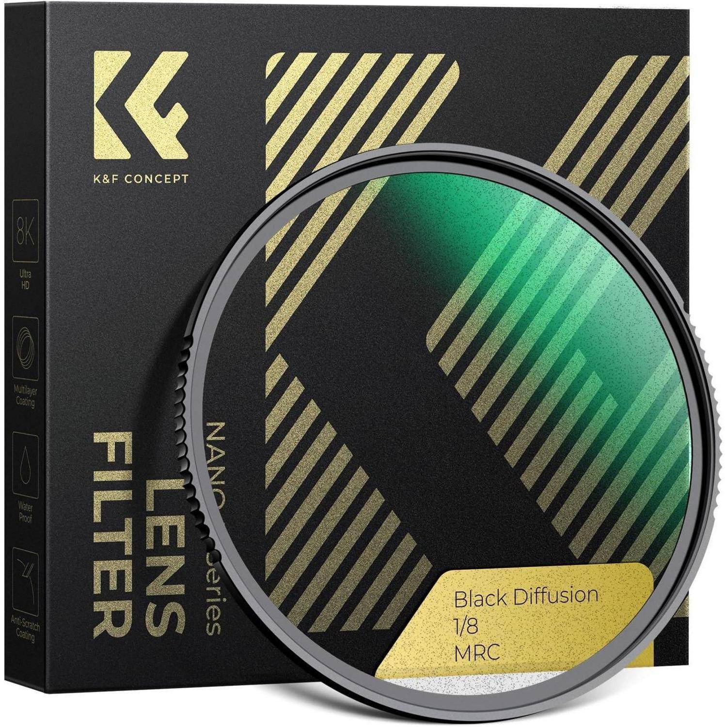 Ein K&F Concept Black Diffusion 1/8 MRC Objektivfilter, der minimale Blendung aufweist. Die Verpackung ist schwarz mit goldenen diagonalen Designakzenten.