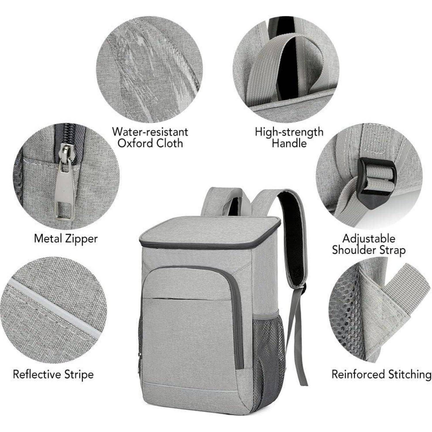 Ein grauer Rucksack mit hervorgehobenen Merkmalen: wasserabweisender Oxford-Stoff, Metallreißverschluss, reflektierende Streifen, hochfester Griff, verstellbare Schultergurte, verstärkte Nähte.