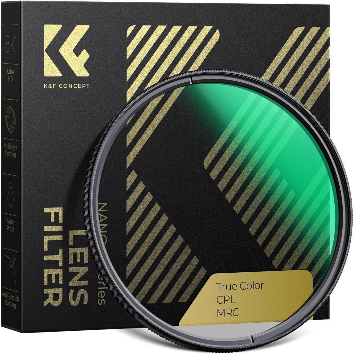 K&F Concept CPL-Objektivfilter mit Mehrfachbeschichtung, vor seiner Verpackung präsentiert.