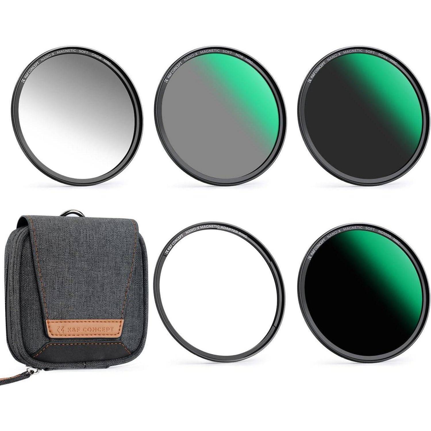 Kamera-Filterset mit fünf kreisförmigen Filtern in unterschiedlicher Dichte und einem leeren Filter. Inklusive einer grauen Tasche mit einem braunen Etikett.