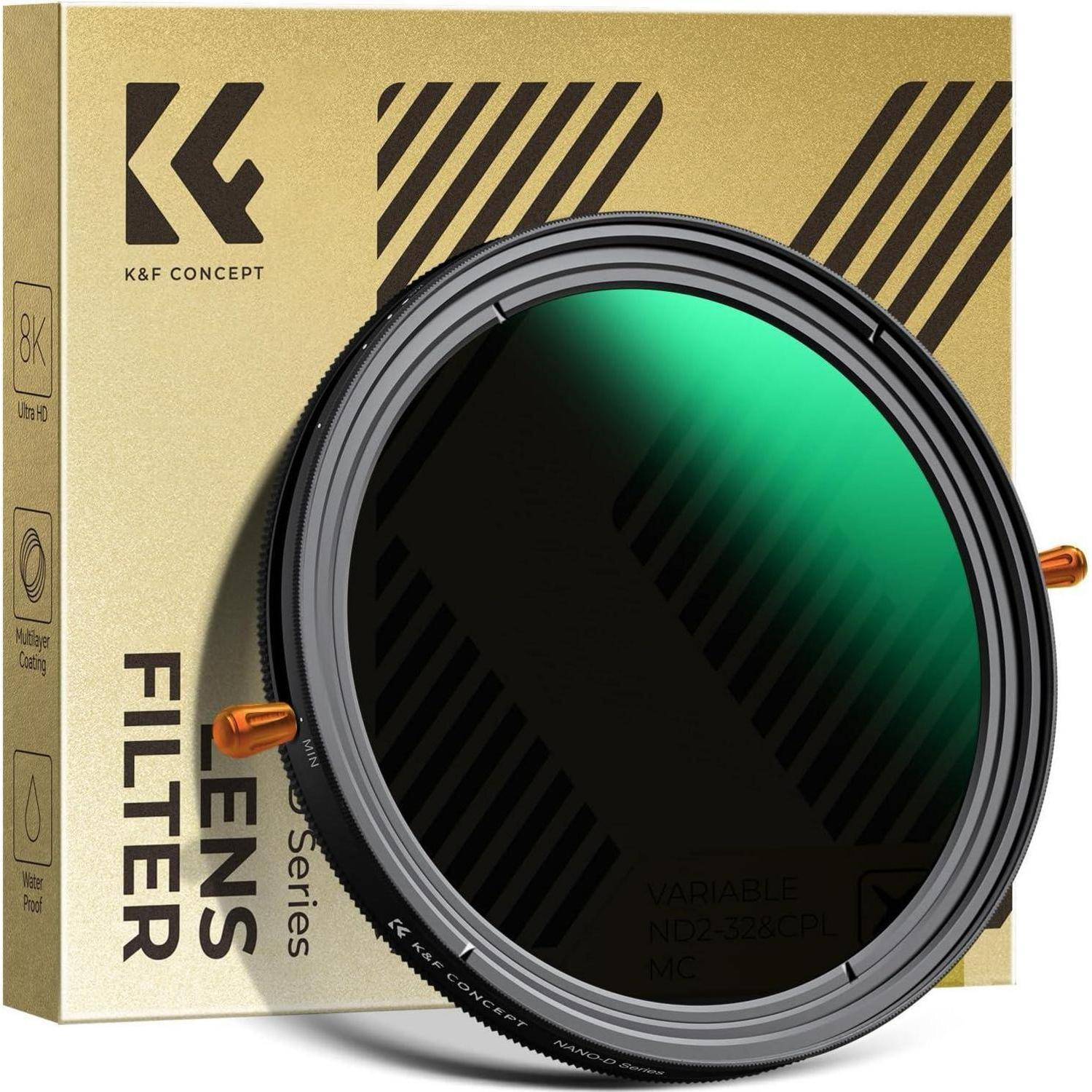 K&F Concept Objektivfilter vor seiner Verpackung. Der Filter ist kreisförmig mit einstellbaren Einstellungen, geeignet für fotografische Zwecke.