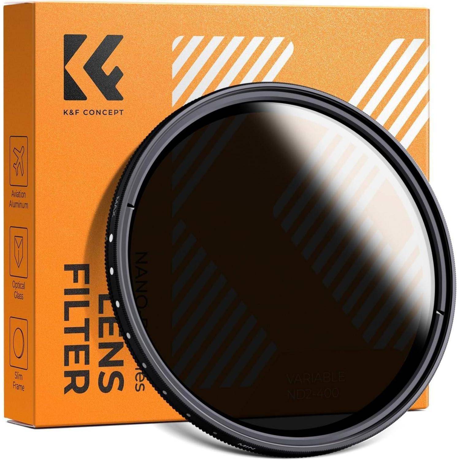 Objektivfilter von K&F Concept mit einstellbarer ND-Funktion vor einer orangefarbenen Box.