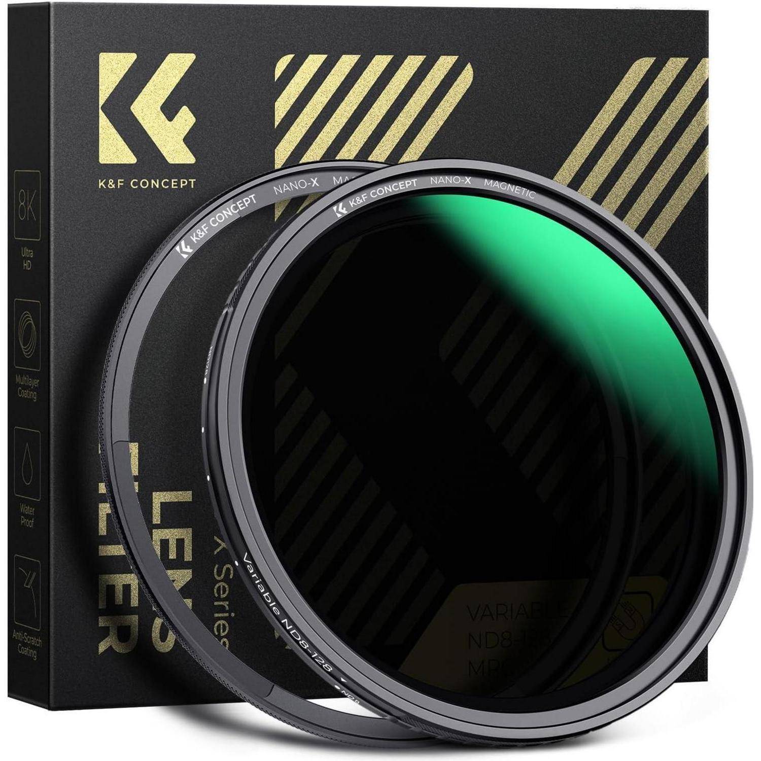 Kamera-Objektiv-Filter von K&F Concept, mit einstellbarem ND2-ND32-Bereich, mit grünlicher Reflexion, verpackt in schwarzer Schachtel mit goldenen Akzenten.