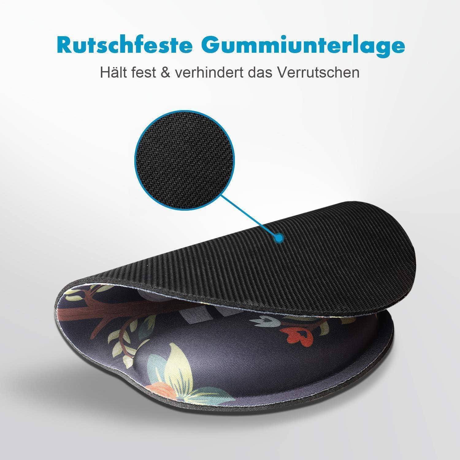 Ein ergonomisches Mauspad mit einer rutschfesten Gummibasis, wobei der Text in deutscher Sprache seinen sicheren Halt zur Verhinderung von Verrutschen hervorhebt.