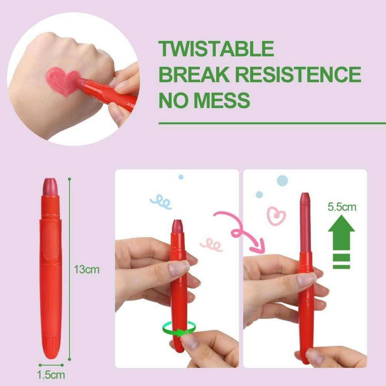 Verdrehbar, bruchfest, keine Unordnung' roter Kosmetikstift, gezeigt mit Maßangaben; 13 cm lang, 1,5 cm Durchmesser, ausfahrbar bis 5,5 cm.