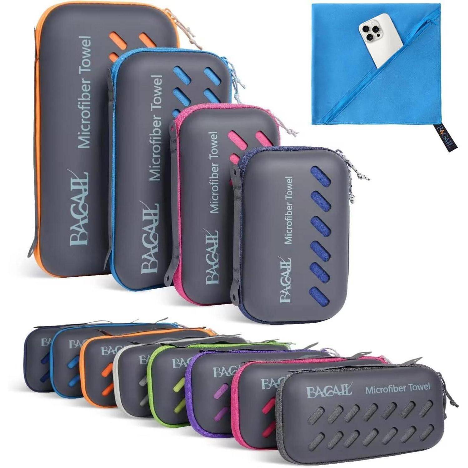 Mikrofaser-Handtuch-Sets in Reißverschlussetuis von Bagail, in verschiedenen Farben erhältlich. Enthält kompaktes blaues Handtuch mit Smartphone-Tasche.