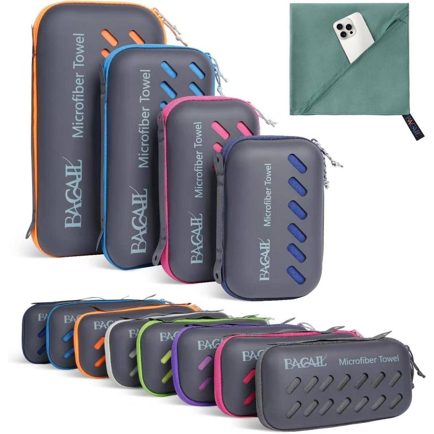 Handtuch Mikrofaser Sport Strand Reise Bad Eva Box Graugrün XS 80x40cm