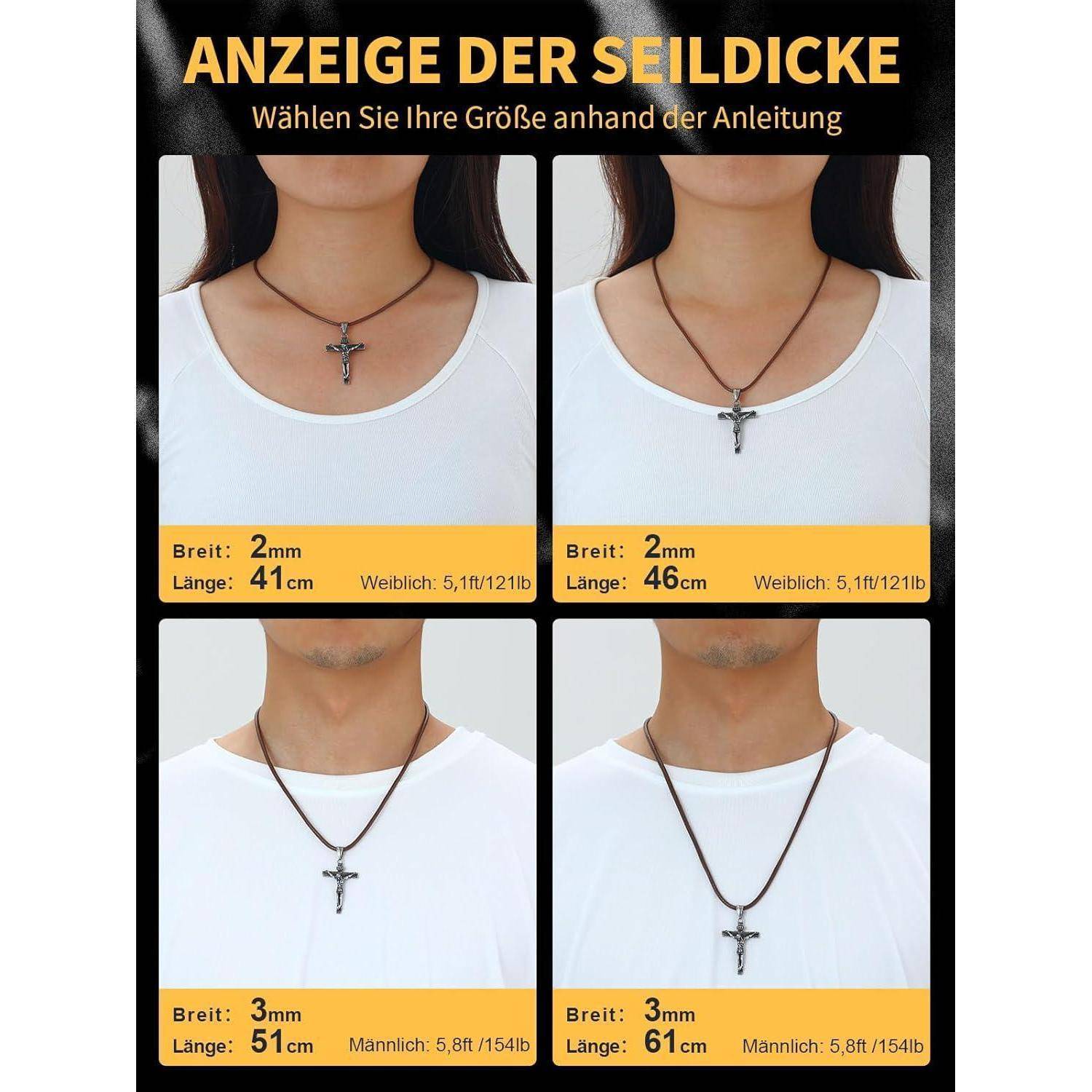 Anzeige der Seildicke': Vier Bilder zeigen Halsketten an Hälsen von Personen zum Größenvergleich anhand der Seildicke. Optionen: 2mm (Damen), 3mm (Herren).