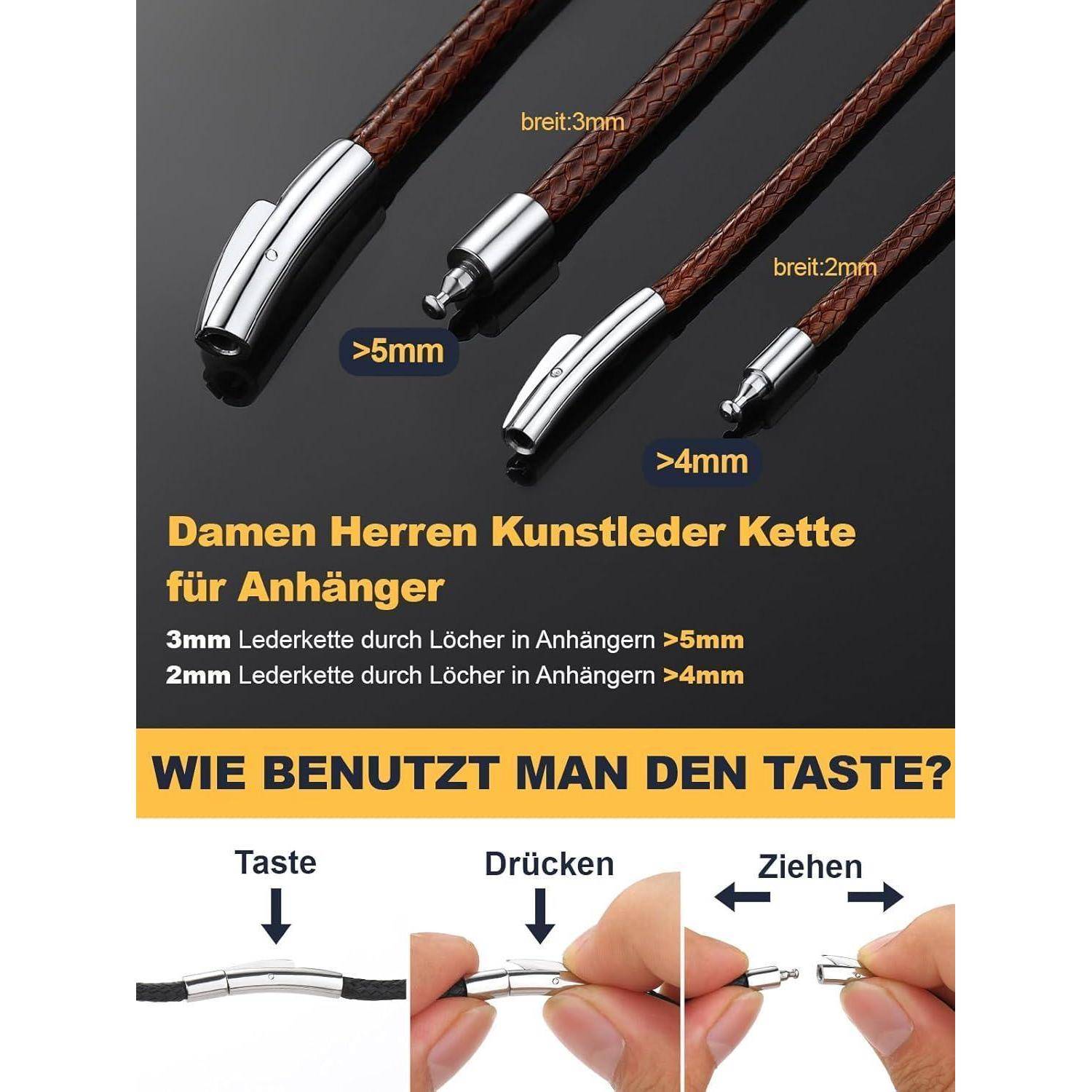 Eine Anleitung zur Verwendung einer Halskette aus Kunstleder mit verschiedenen Größen zum Anhängen von Anhängern. Enthält Schritt-für-Schritt-Anweisungen mit Bildern.