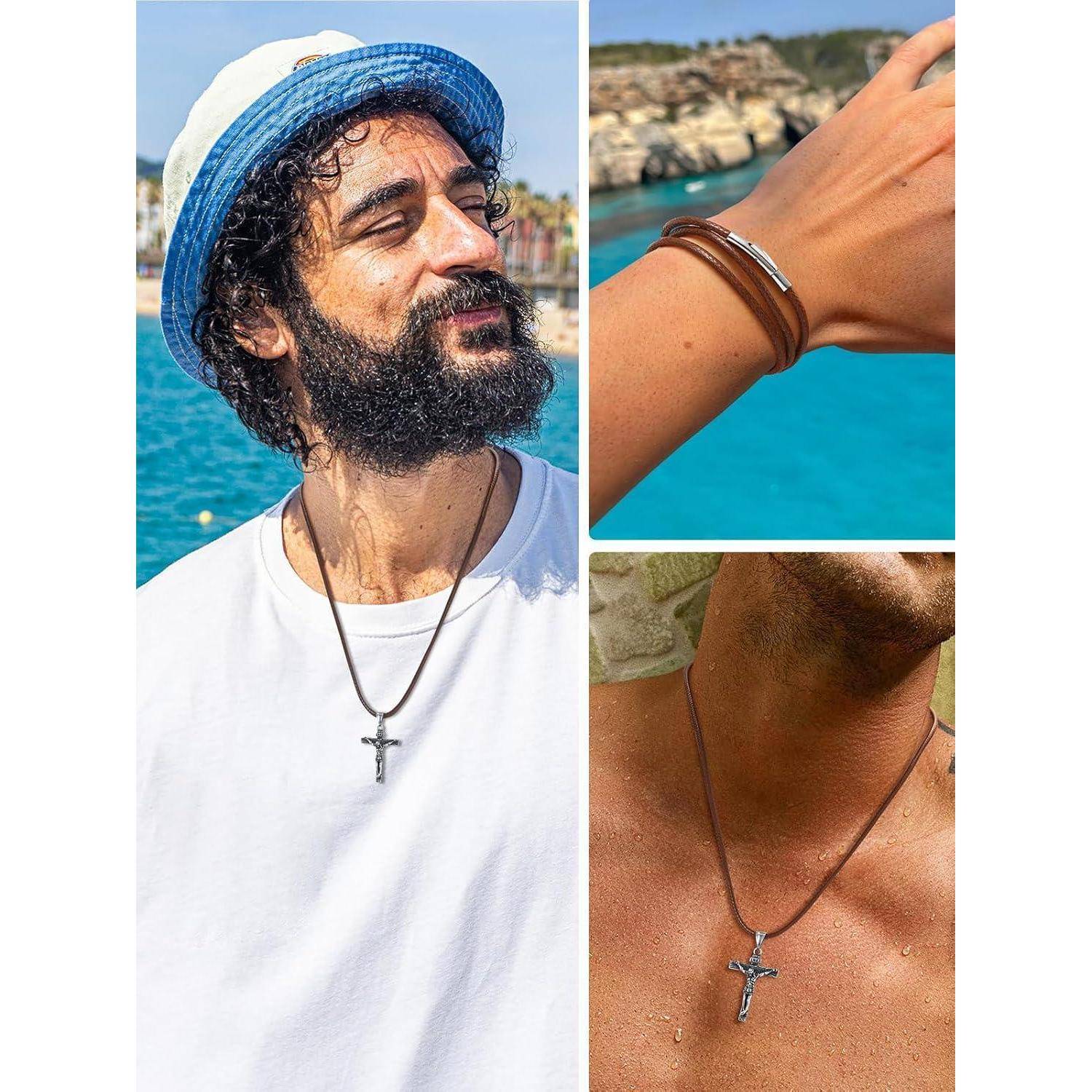 Eine Person am Meer mit Hut und Kreuz-Halskette; Nahaufnahmen eines Armbands am Handgelenk und einer Halskette auf der bloßen Brust.