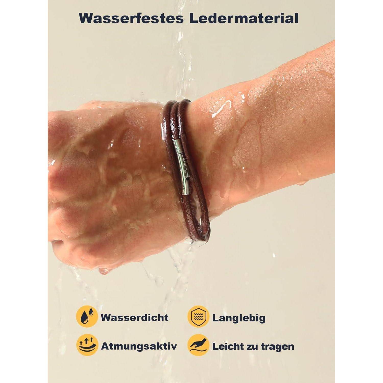 Eine Hand mit einem nassen, braunen Lederarmband demonstriert Wasserresistenz. Der Text betont ‚wasserdicht', ‚strapazierfähig', ‚atmungsaktiv', ‚leicht'.