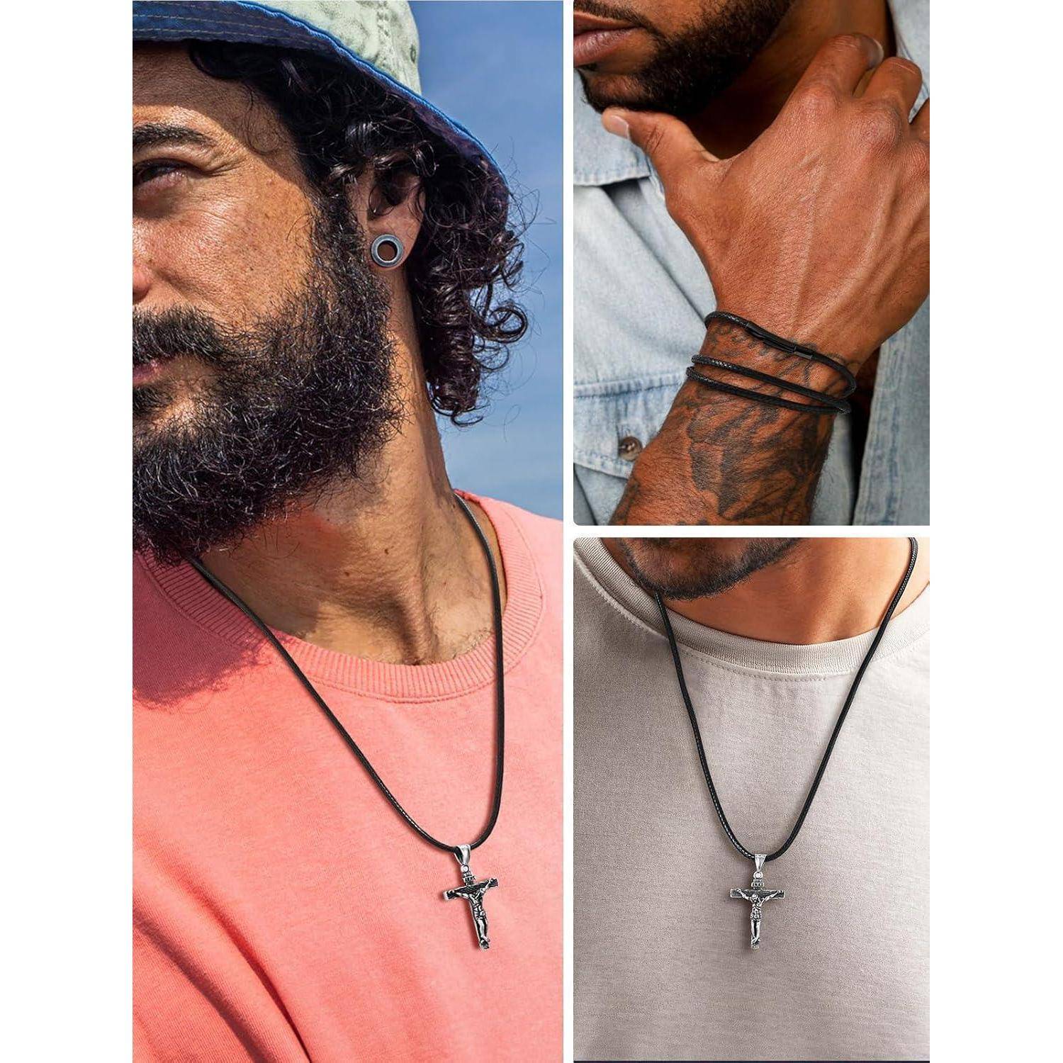 Collage mit drei Nahaufnahmen von Männern, die Halsketten mit Kreuzanhängern tragen, mit verschiedenen Outfits und Fokus auf Accessoires.