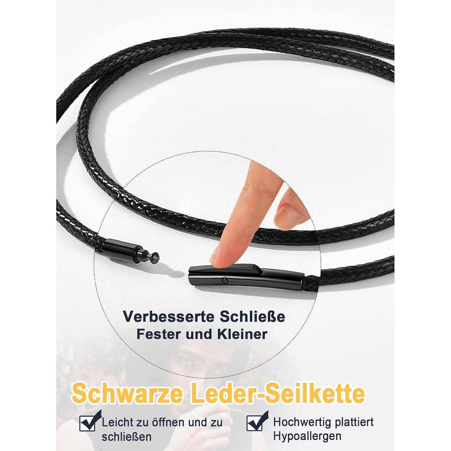 Eine Hand demonstriert das Befestigen einer schwarzen Lederband-Halskette mit einer verbesserten, kleineren Schließe. Der Text auf Deutsch betont die einfache Handhabung und hypoallergene Beschichtung.