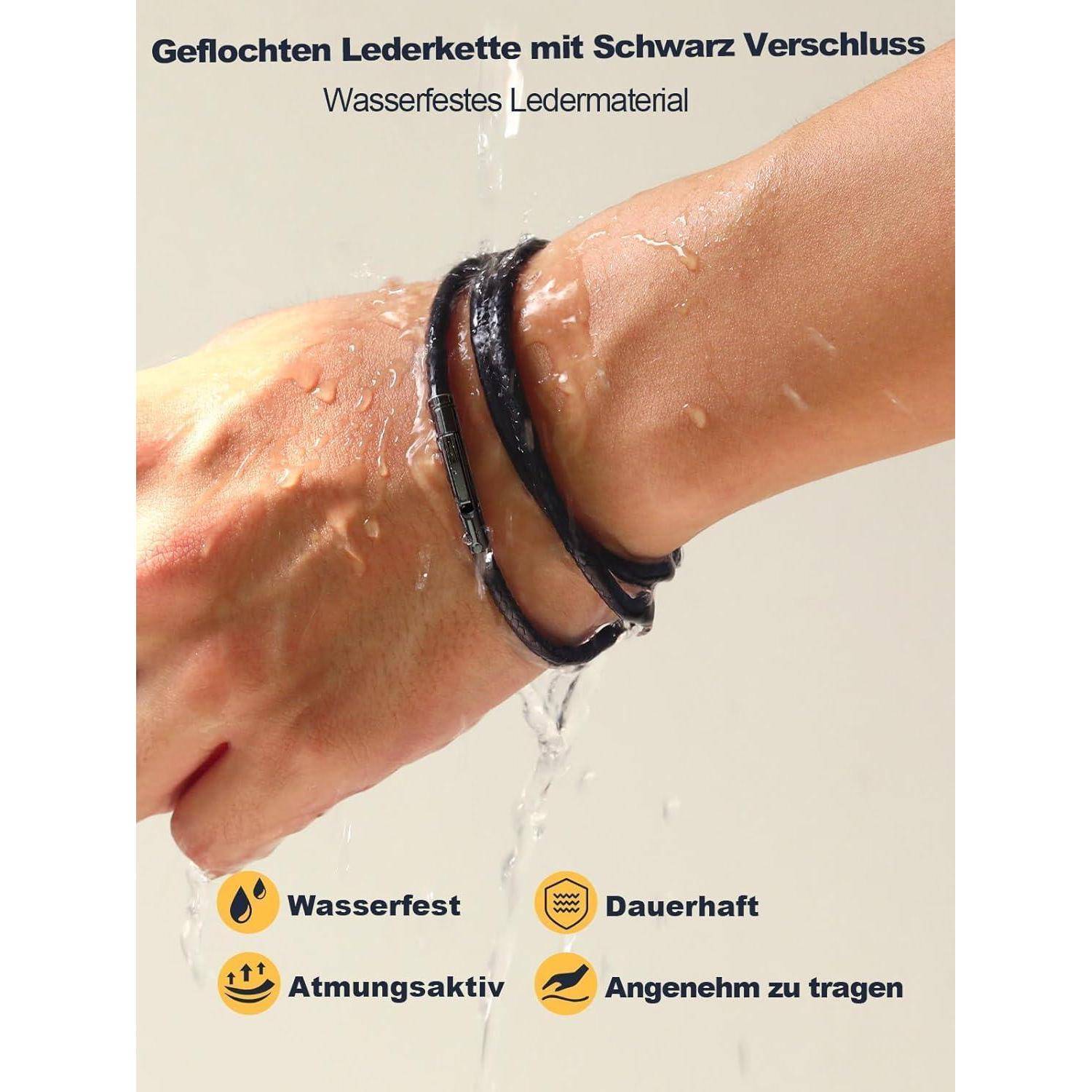 Eine Hand mit einem geflochtenen Lederarmband, das einen schwarzen Verschluss trägt, unter fließendem Wasser. Der deutsche Text unterstreicht seine wasserdichte und strapazierfähige Eigenschaften.