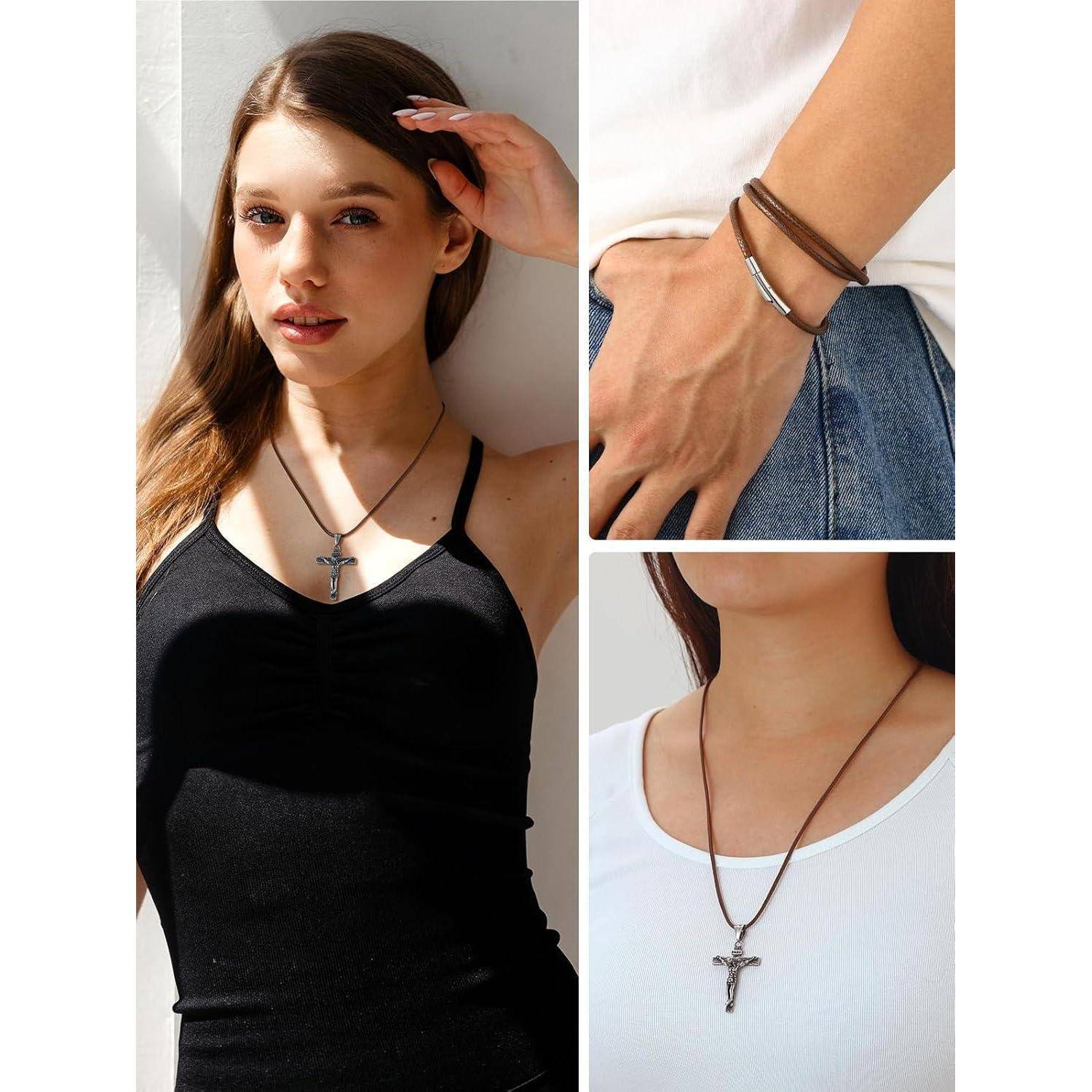 Eine Person trägt ein schwarzes Trägertop und eine Halskette mit einem Kreuzanhänger; eine Einblendung zeigt zwei braune Armbänder am Handgelenk.