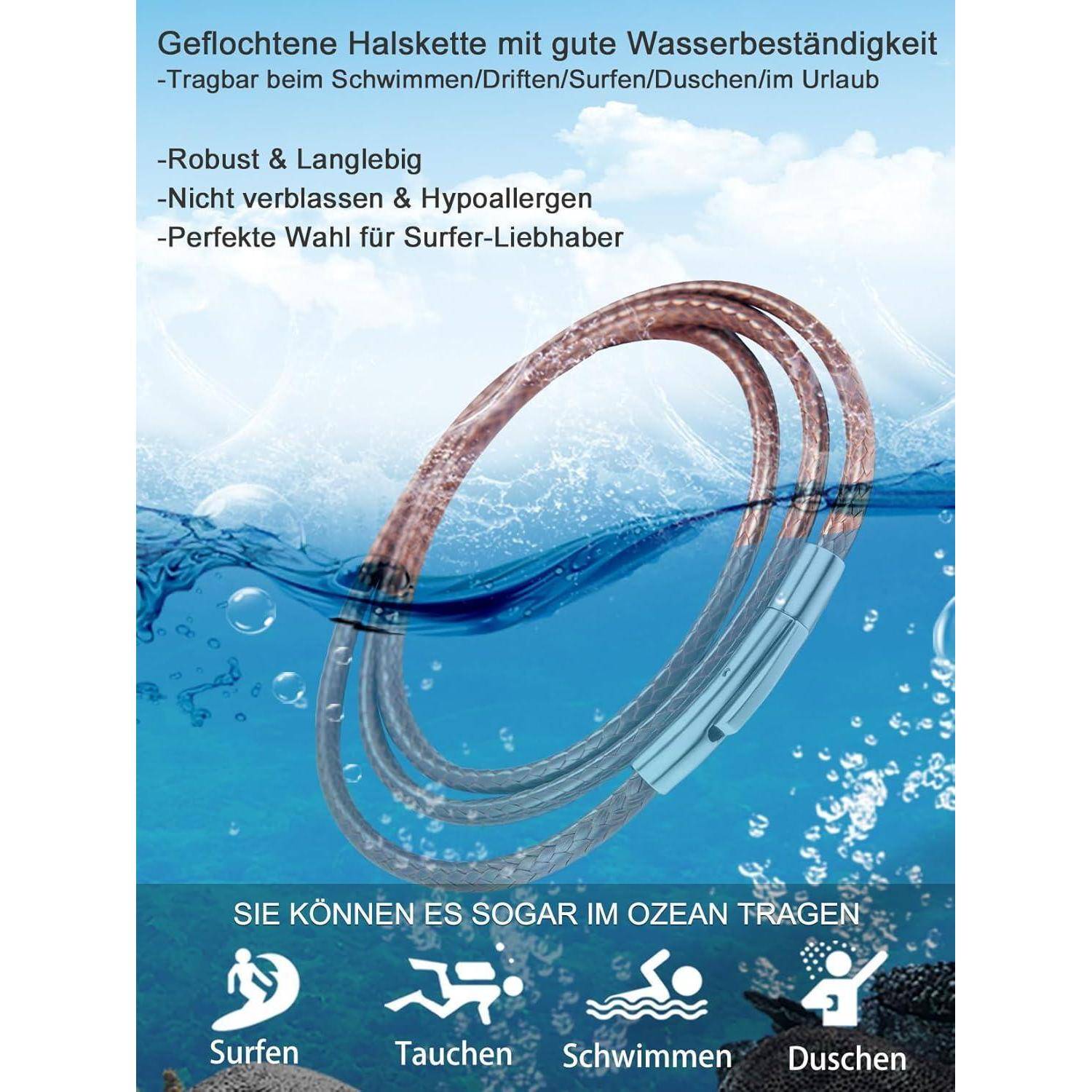 Eine geflochtene Halskette, präsentiert mit wasserthematischen Grafiken, die ihre Wasserbeständigkeit und Haltbarkeit hervorheben. Geeignet für Surfer und Schwimmer. Der Text erwähnt, dass sie robust, hypoallergen und ideal für den Einsatz im Ozean ist.