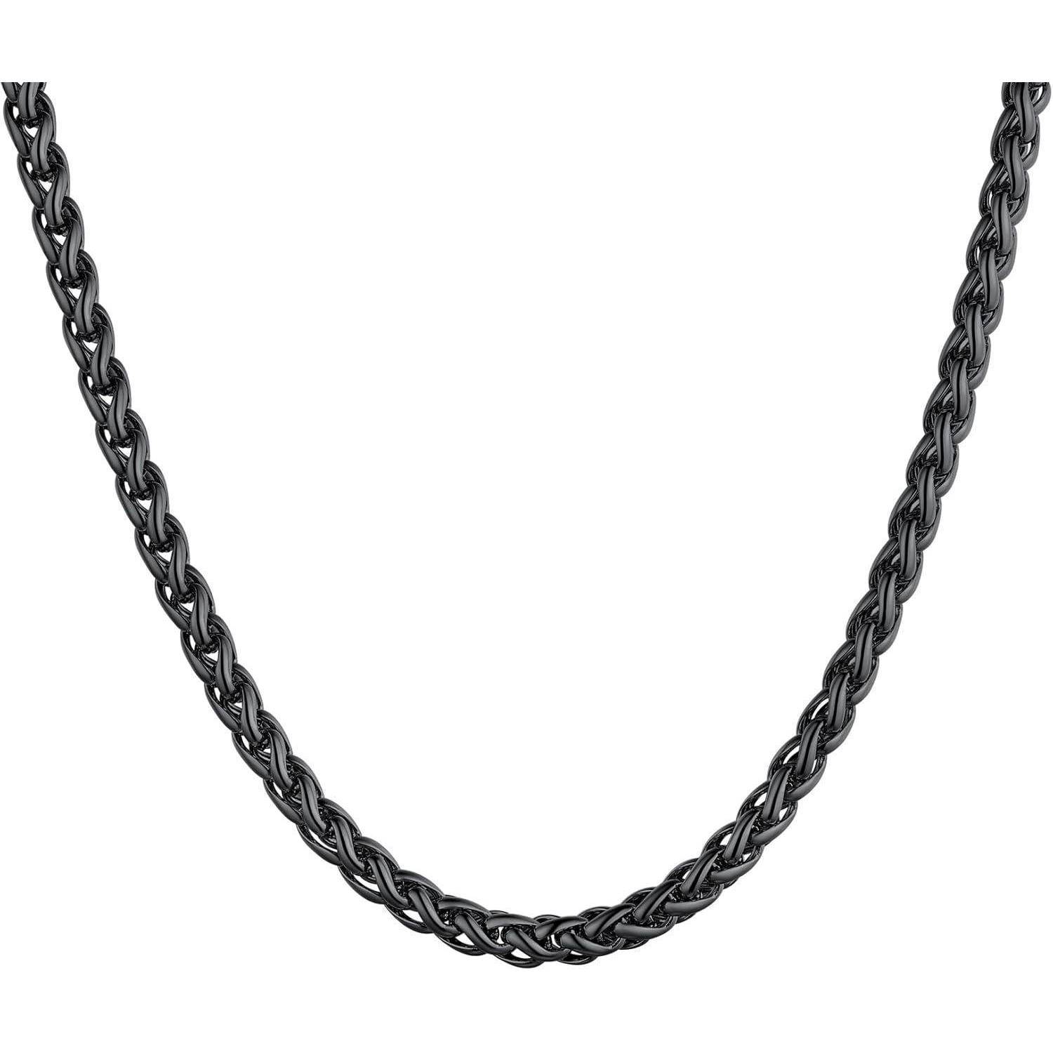 Eine schwarze gedrehte Seilkette mit glänzender Oberfläche, die eine U-Form vor einem einfarbigen weißen Hintergrund bildet.
