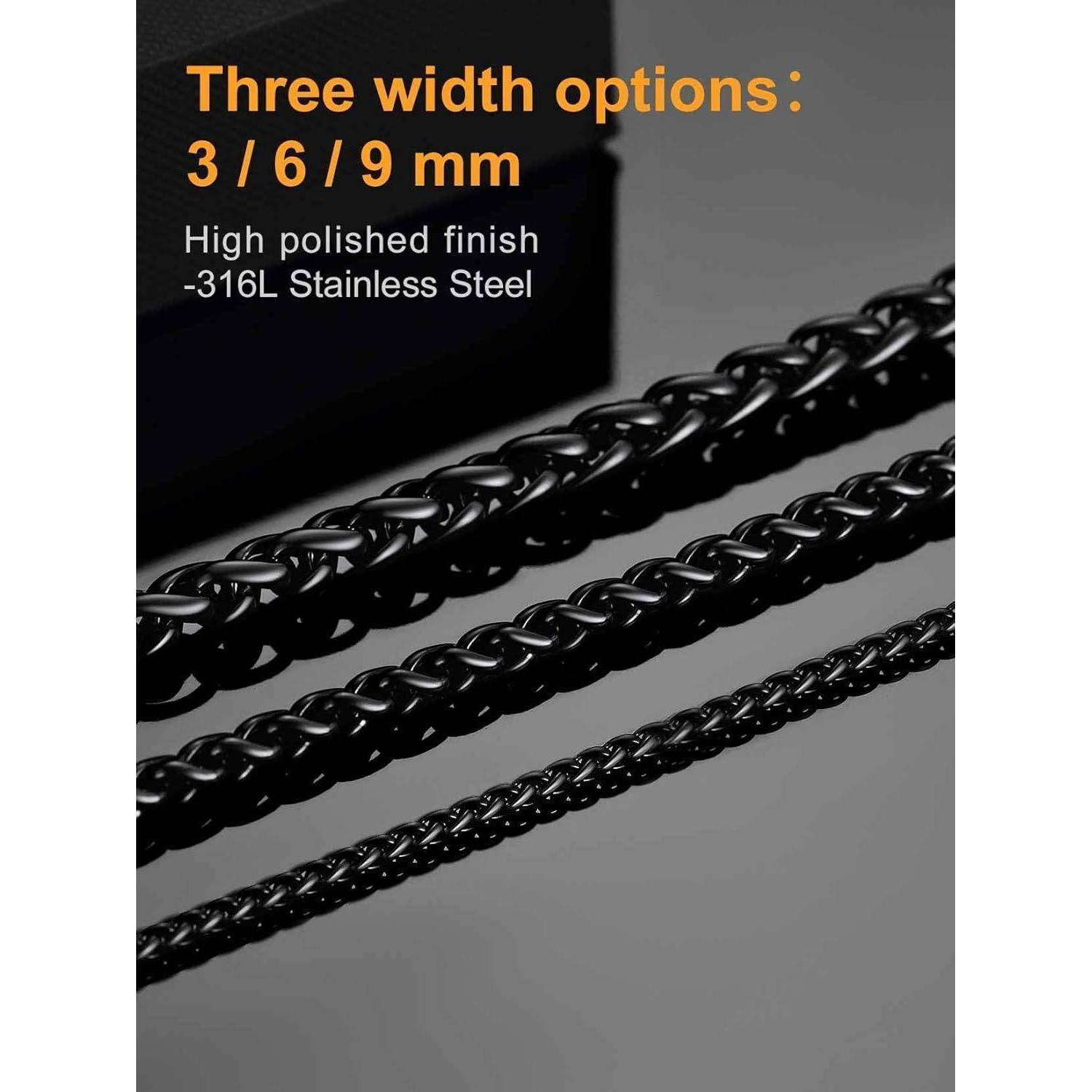 Weizenkette Spiga Herren Edelstahl 18k Schwarz(9mm) 55 Zentimeter