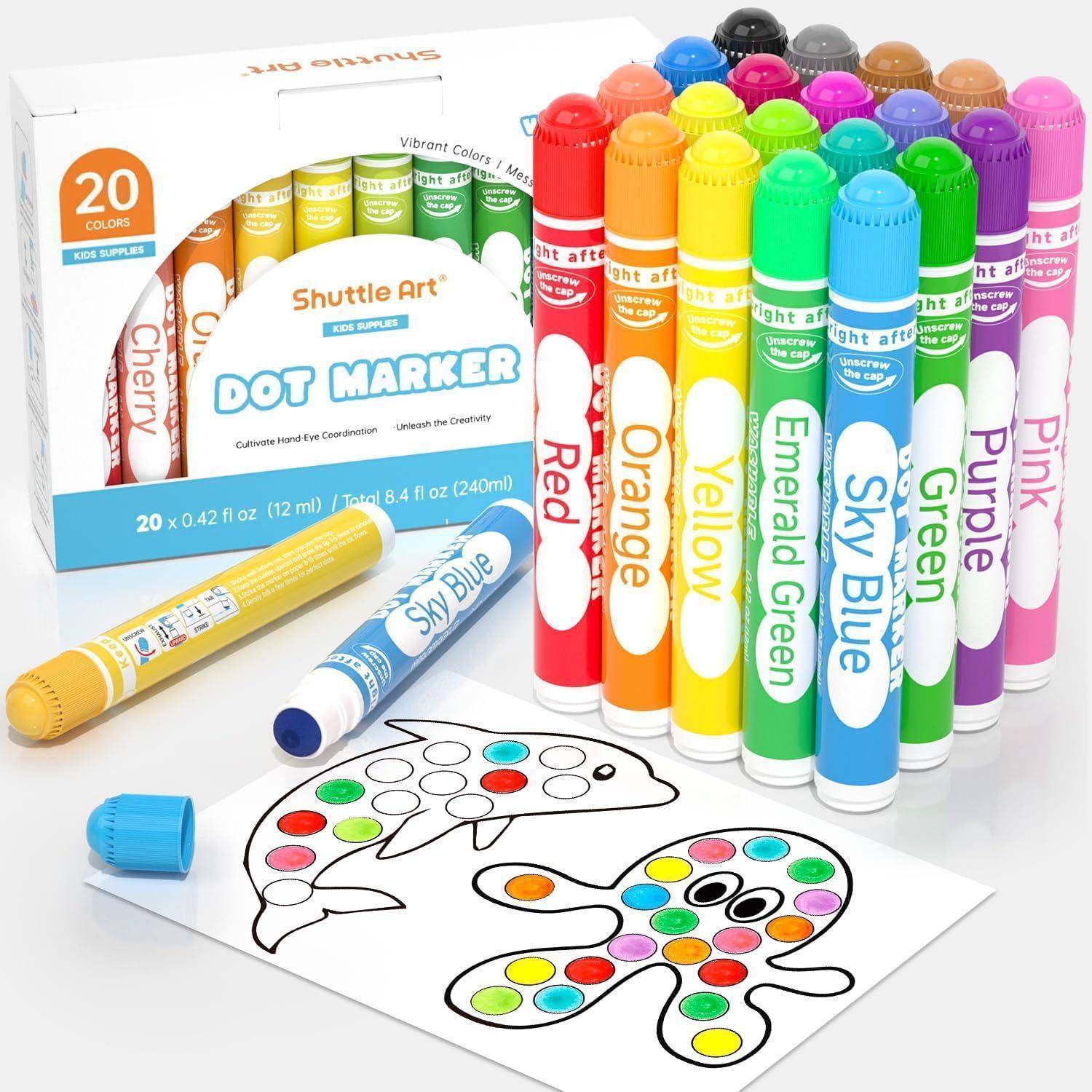 Dot-Marker-Set mit 20 lebendigen Farben ausgestellt, enthält offene gelbe und blaue Marker und ein Malbild mit zwei Fischen.