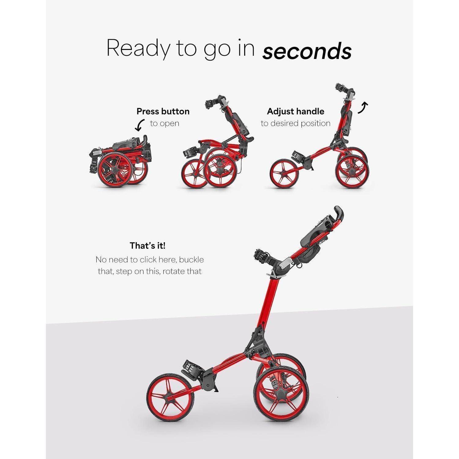 Roter faltbarer Roller mit drei Phasen: Falten, Griff einstellen und Endform. Text lautet: 