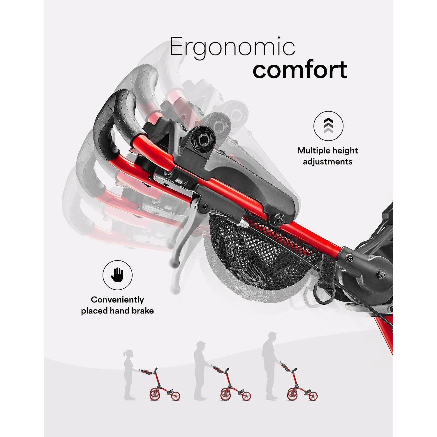 Ergonomische Gestaltung eines Kinderfahrrads mit verstellbarer Lenkerhöhe, Handbremse und Darstellung eines sitzenden Kindes beim Übergang zum Stehen.