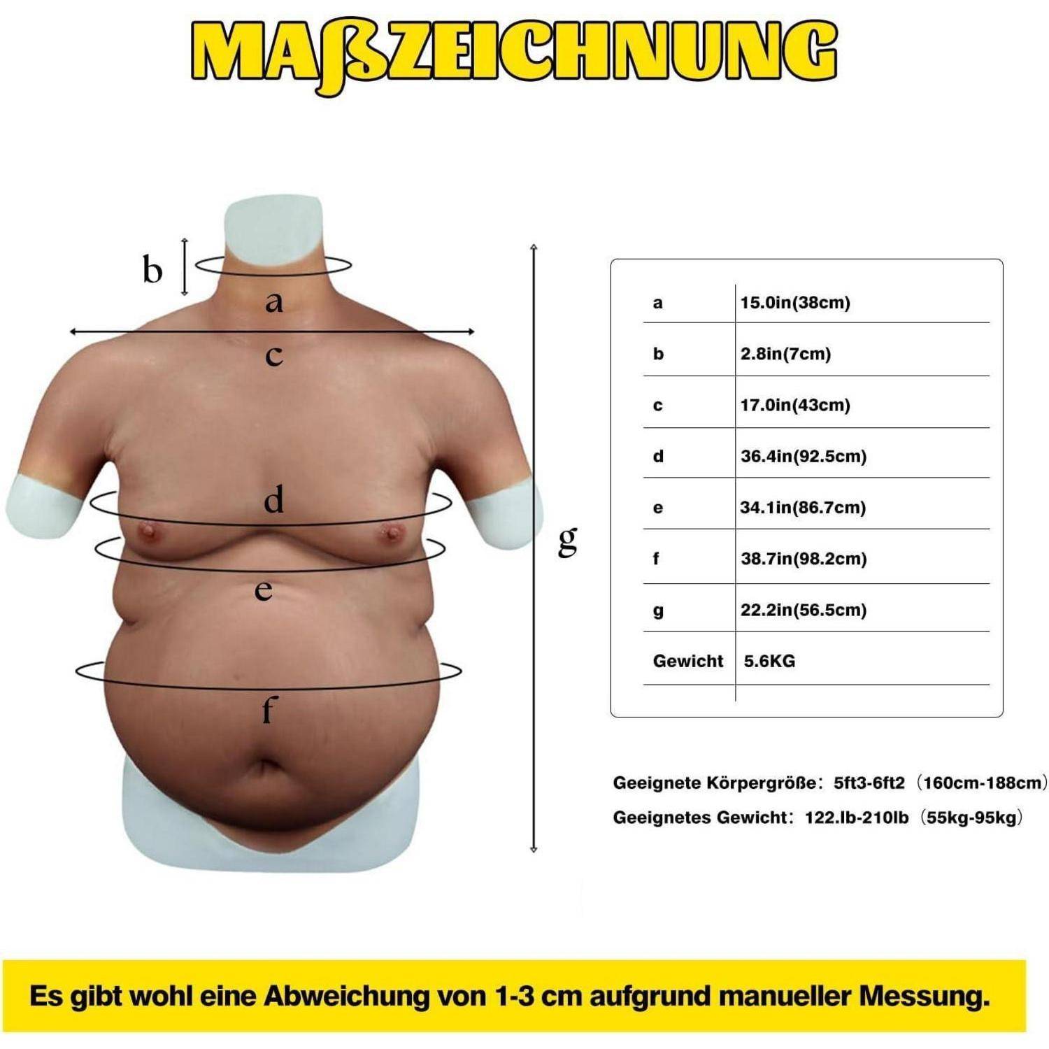 Bild einer Schaufensterpuppe mit beschrifteten Maßen: a) 15,0 cm, b) 2,8 cm, c) 17,0 cm, d) 36,4 cm, e) 34,1 cm, f) 38,7 cm, g) 22,2 cm. Gewicht: 5,6 kg.