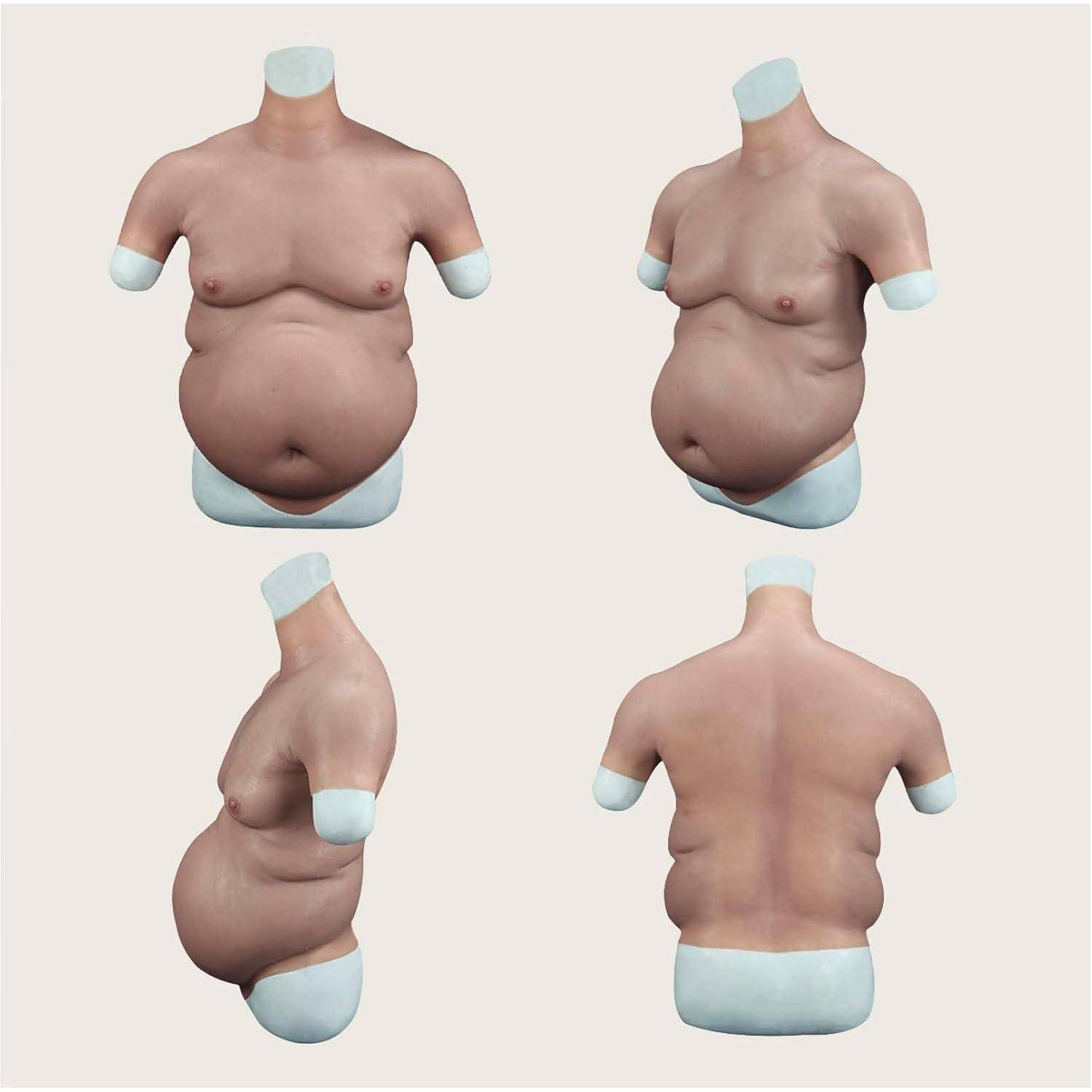 Ein 3D-Modell eines männlichen Torsos mit einem großen Bauch, ohne Kopf oder Gliedmaßen, von vorne, von der Seite und von hinten auf einem beigen Hintergrund.
