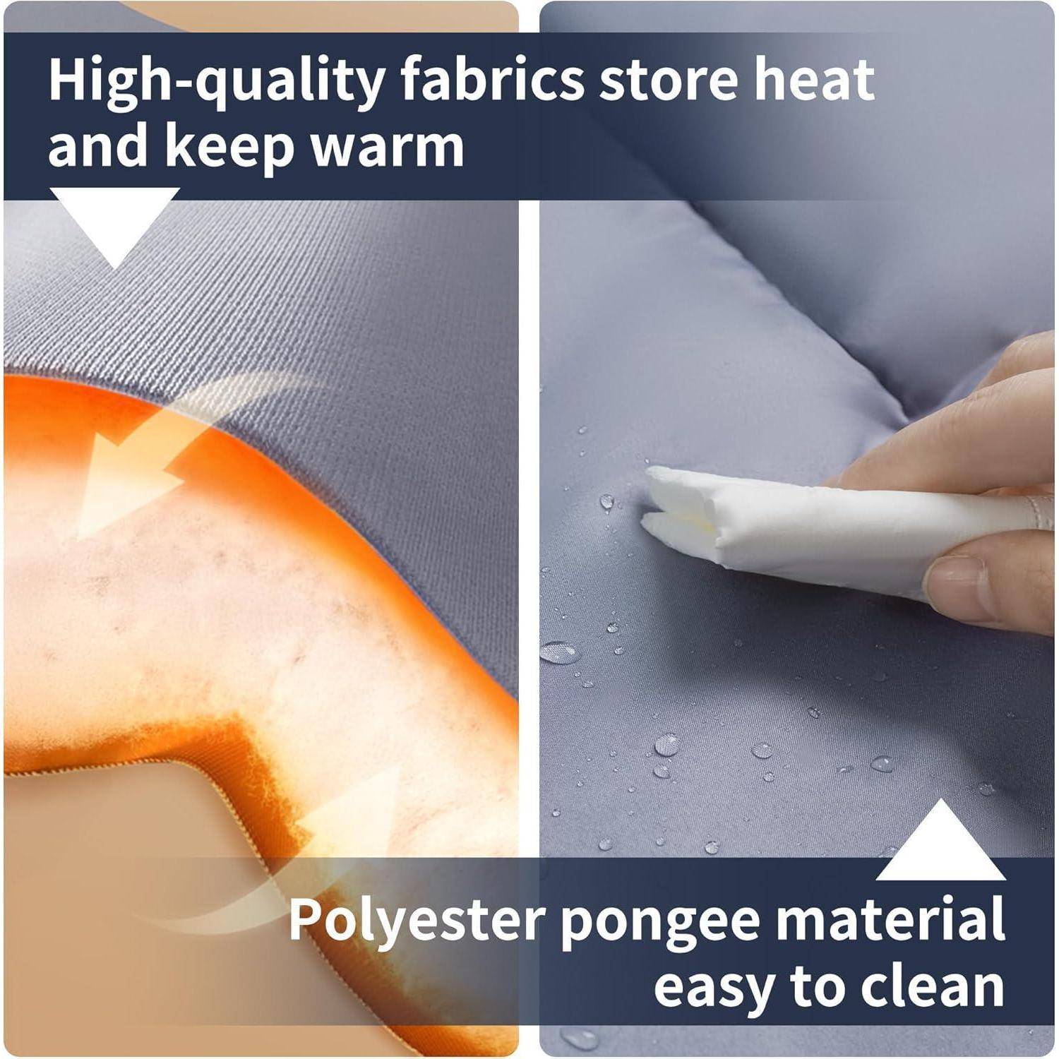 Hochwertige Stoffe speichern Wärme und halten warm. Polyester-Pongee-Material ist leicht zu reinigen.' Nahaufnahme eines Stoffes, der gereinigt wird.