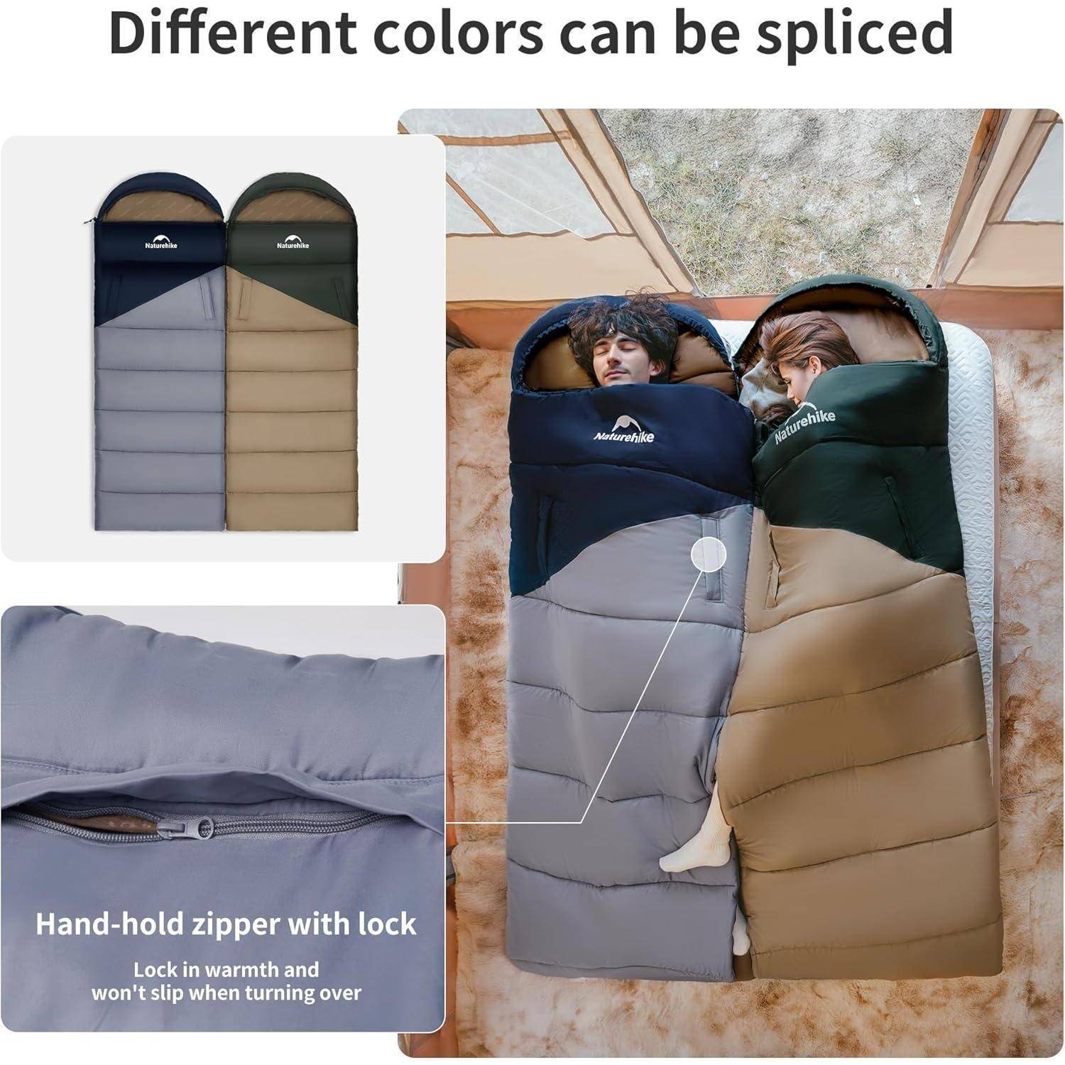 Zwei Personen schlafen in einem zusammengenähten Schlafsack mit unterschiedlich gefärbten Abschnitten. Eingesetztes Bild hebt einen Reißverschluss mit Griff und Verschluss hervor, mit der Bildunterschrift „Reißverschluss mit Griff und Verschluss: Wärme einschließen und verhindert Verrutschen beim Umdrehen.
