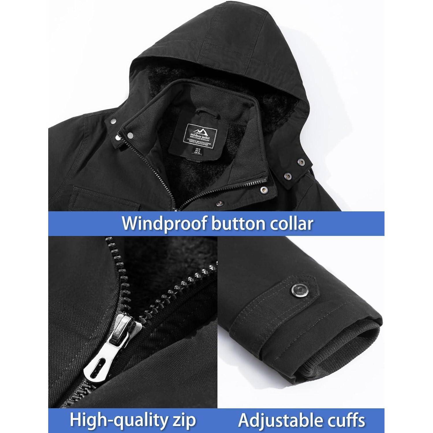 Schwarze Jacke mit winddichtem Knopfkragen, hochwertiger Reißverschluss und verstellbaren Manschetten. Geeignet für kalte Wetterbedingungen.