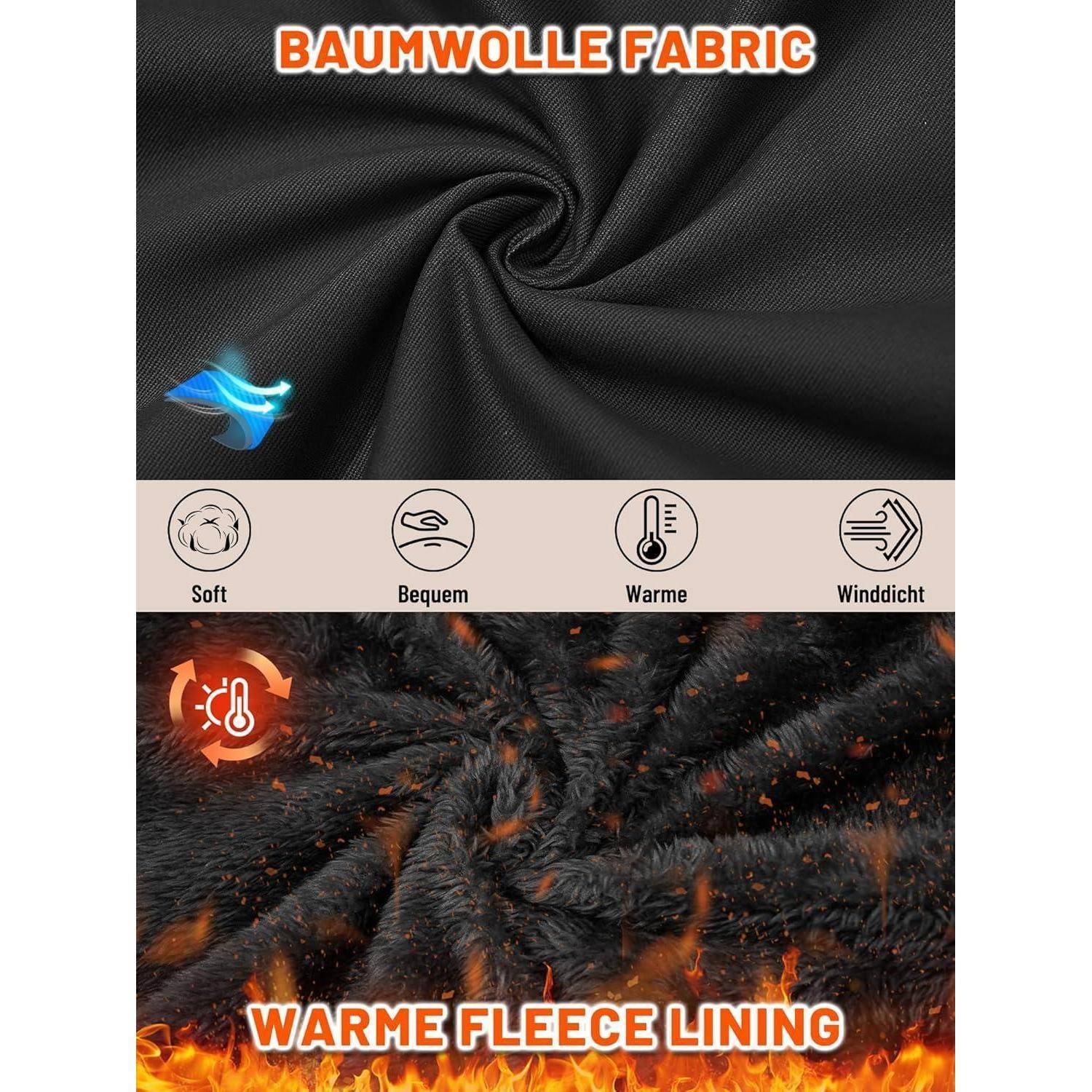 BAUMWOLLSTOFF' und 'WARMES FLEECE-FUTTER' beschreiben Gewebearten mit Symbolen, die Weichheit, Komfort, Wärme und Windresistenz anzeigen.