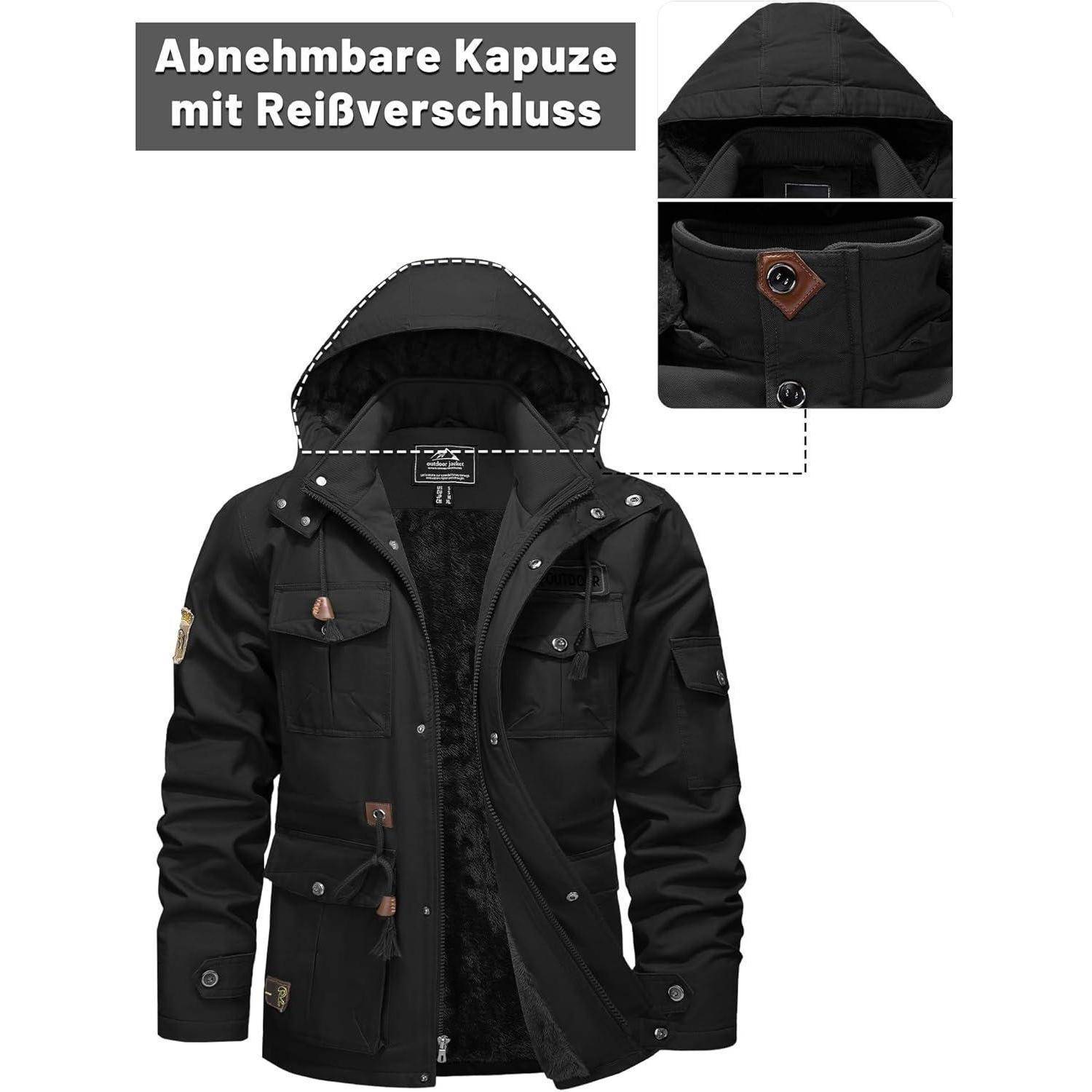 Schwarze Winterjacke mit Kapuze, mehreren Taschen und Knopfdetails. Text besagt: „Abnehmbare Kapuze mit Reißverschluss.