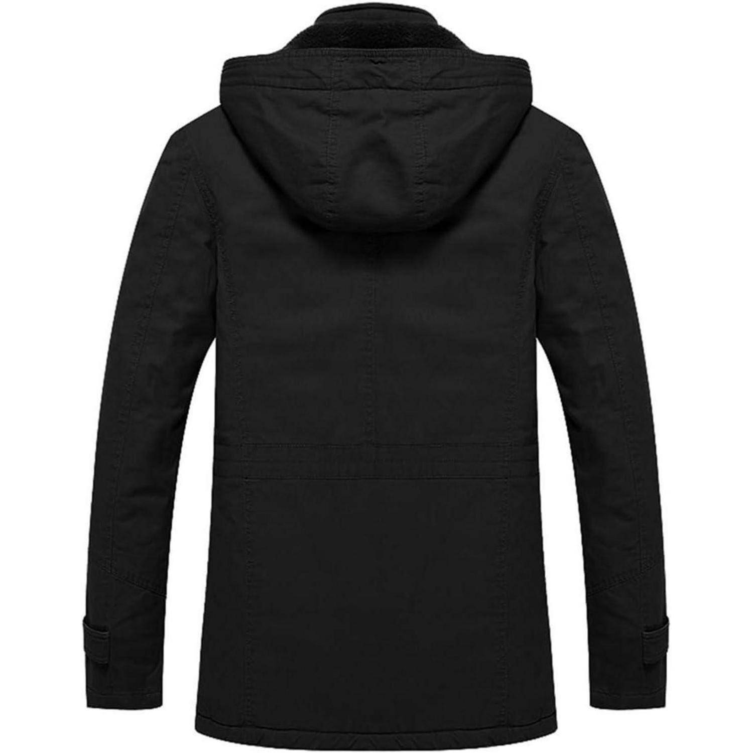 Eine schwarze Kapuzenjacke, von hinten betrachtet, mit langen Ärmeln und schlichtem Design.