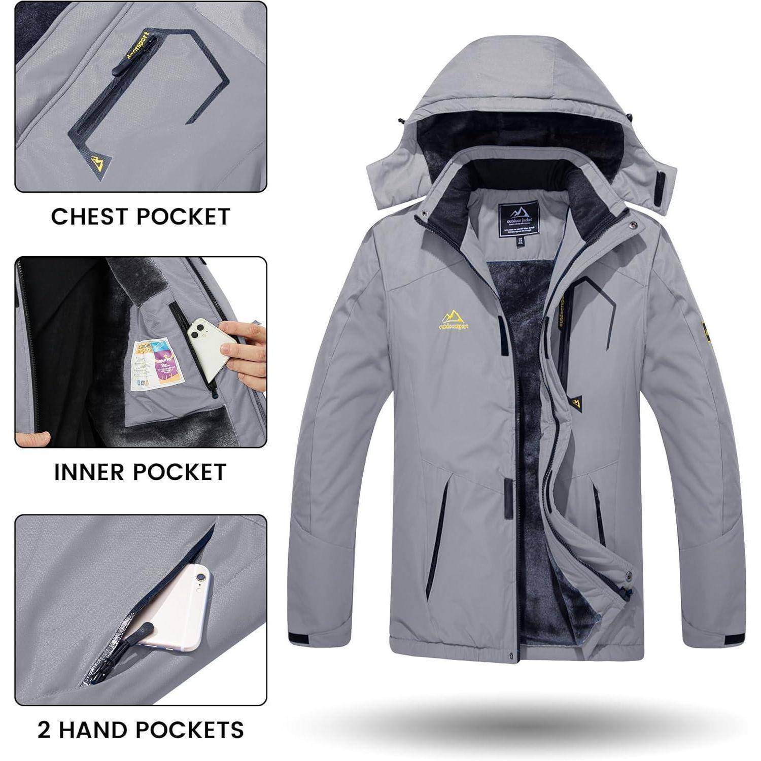 Winterjacke Herren wasserdicht Fleecefutter Kapuze XL Hellgrau
