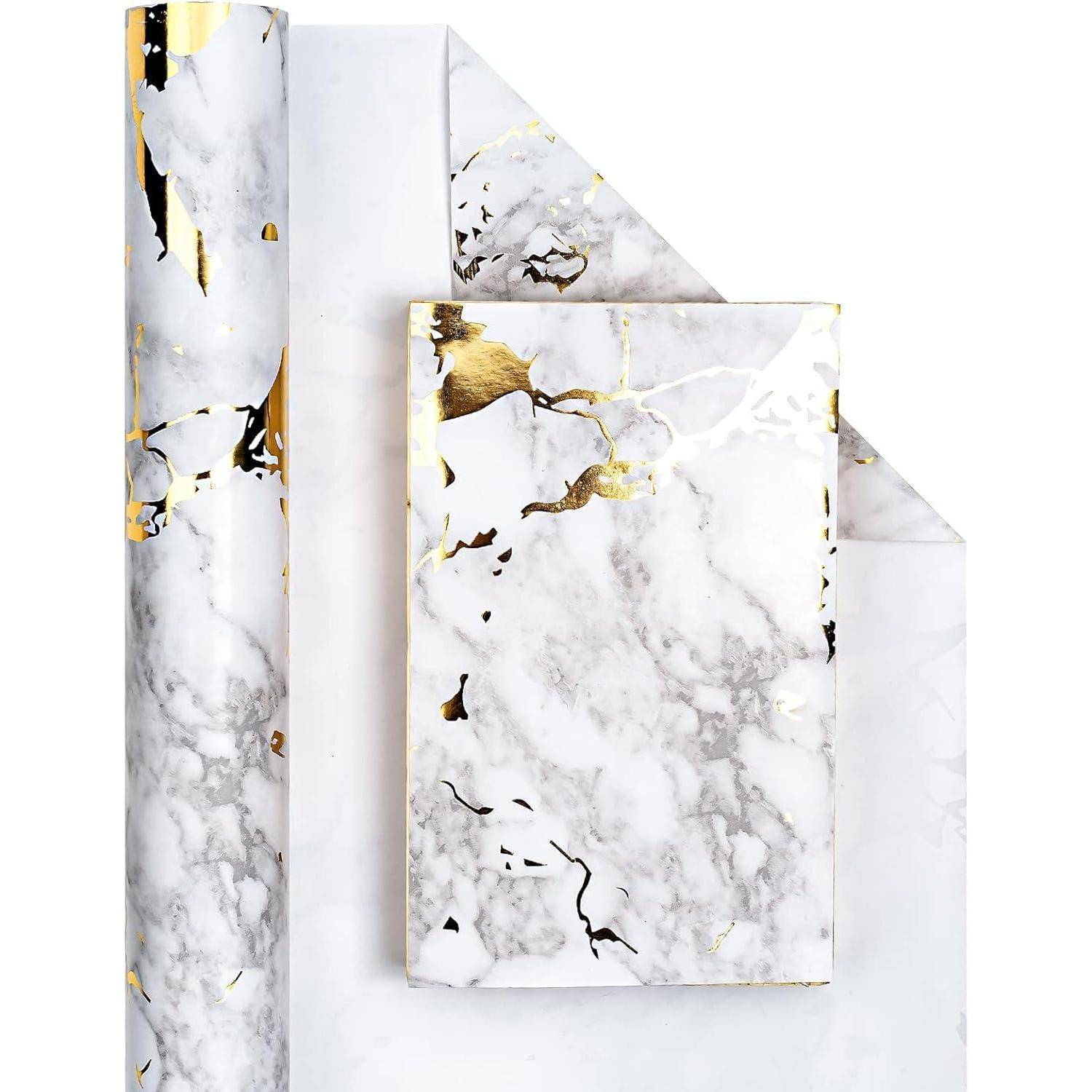 Geschenkpapierrolle 43 cm 10 m Marmor Goldfolie Weisser Marmor