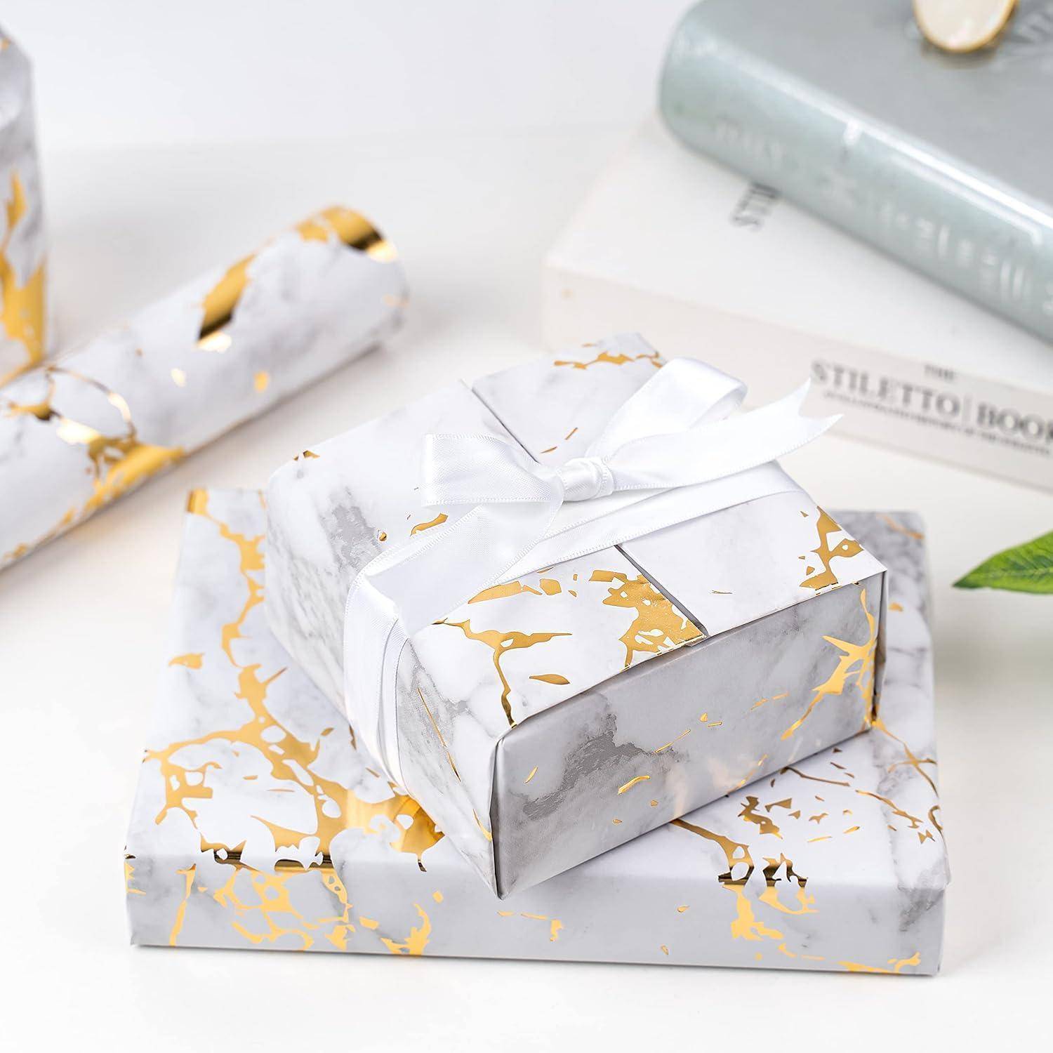 Geschenkpapierrolle 43 cm 10 m Marmor Goldfolie Weisser Marmor
