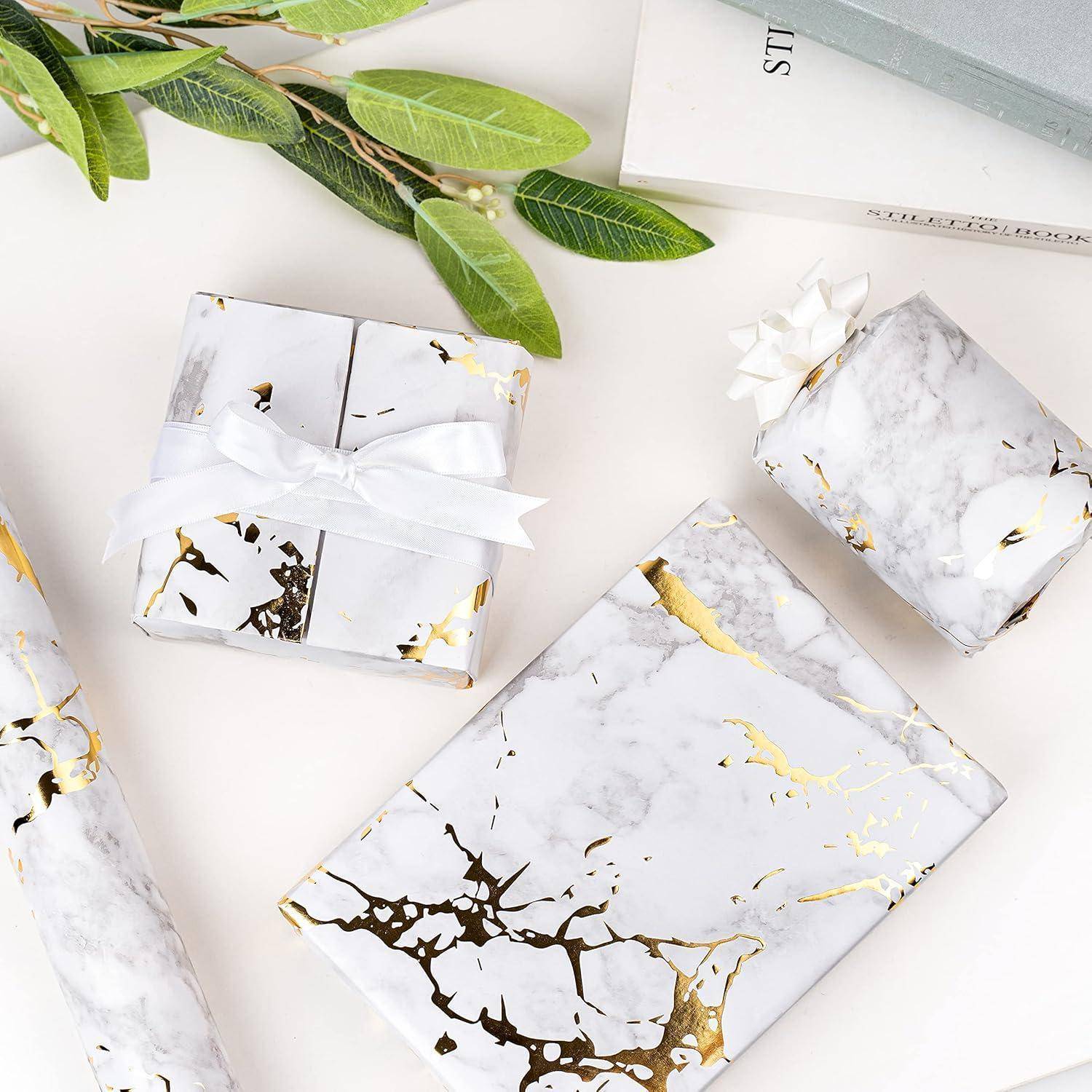 Geschenkpapierrolle 43 cm 10 m Marmor Goldfolie Weisser Marmor