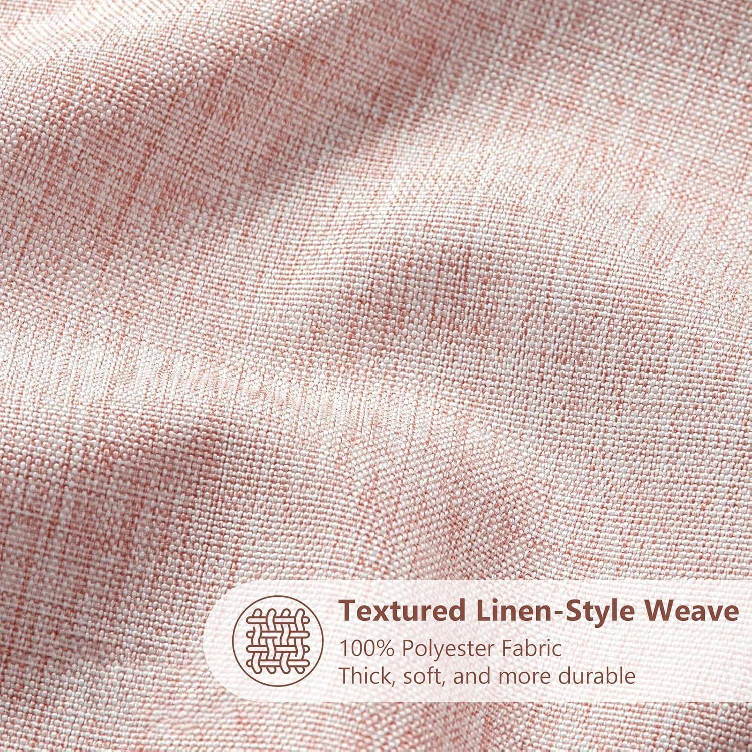 Texturierter Leinenstoff-Webstoff in zartem Rosa. Text lautet: '100% Polyester Stoff - Dick, weich und besonders langlebig.