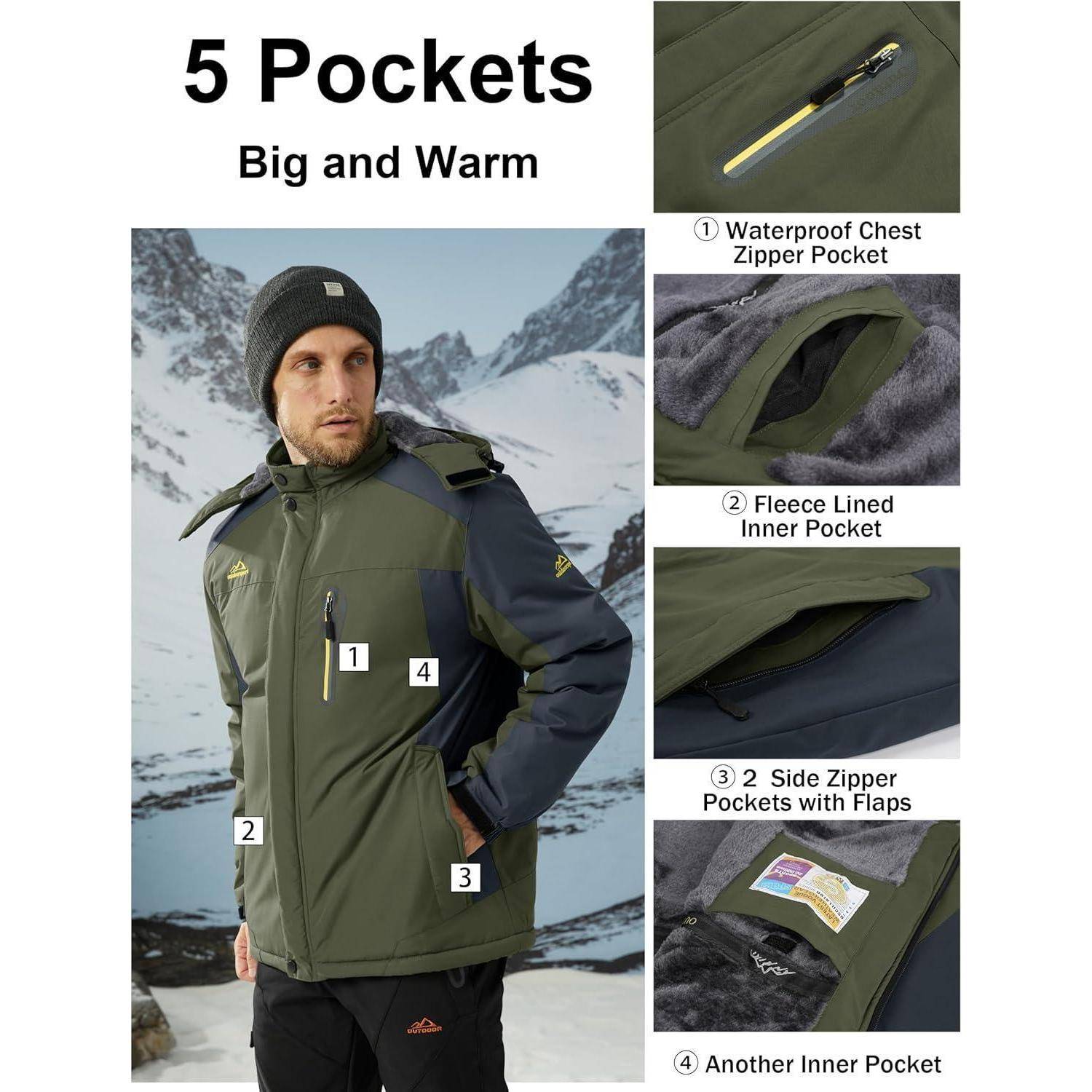Fleecejacke Herren Winter wasserdicht winddicht Kapuze Armeegrün XL
