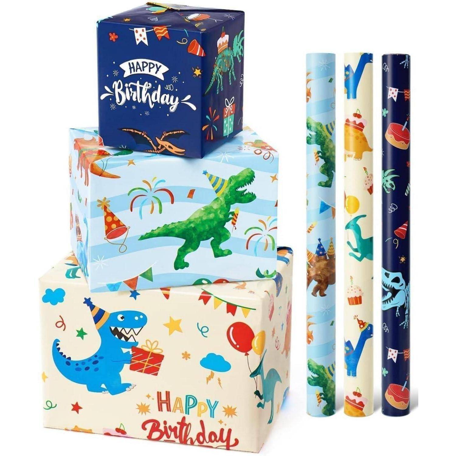 Geschenkpapier Dinosaurier 3 Rollen 43cm Aquarell grüner Dinosaurier