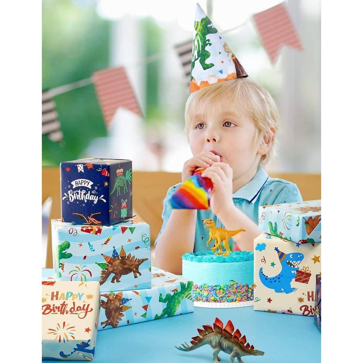 Geschenkpapier Dinosaurier 3 Rollen 43cm Aquarell grüner Dinosaurier