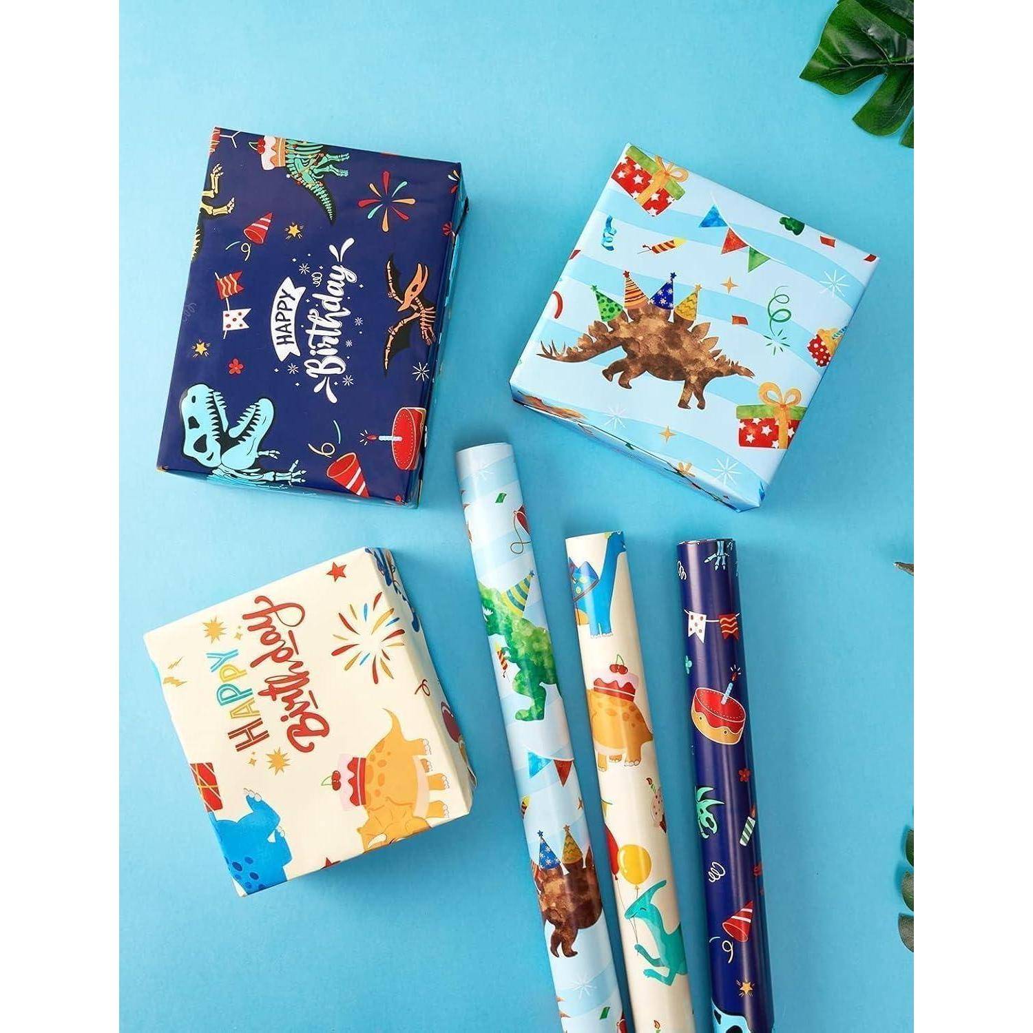 Geschenkpapier Dinosaurier 3 Rollen 43cm Aquarell grüner Dinosaurier